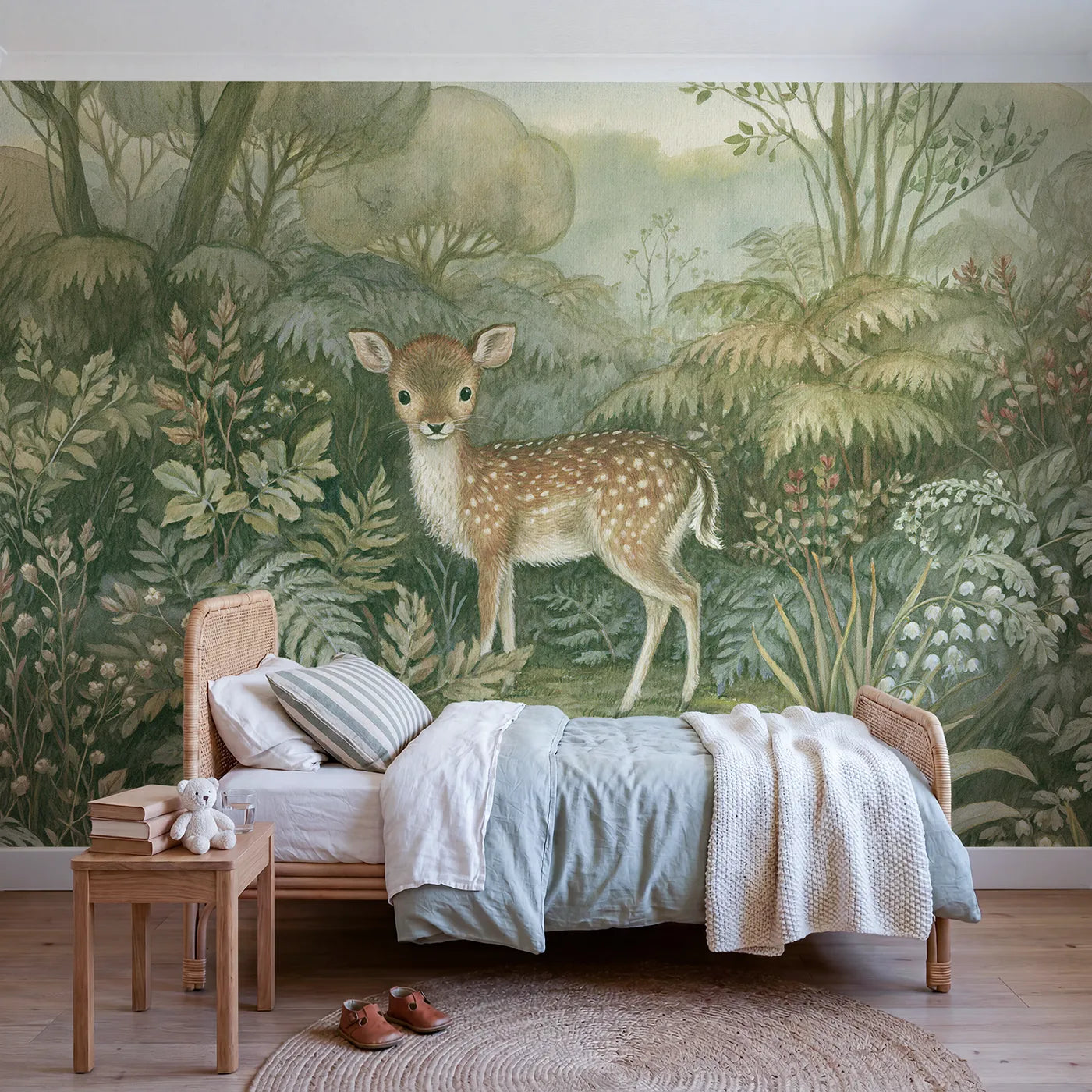 Woodland wall mural of a gentle spotted fallow deer by Whimsy Tots