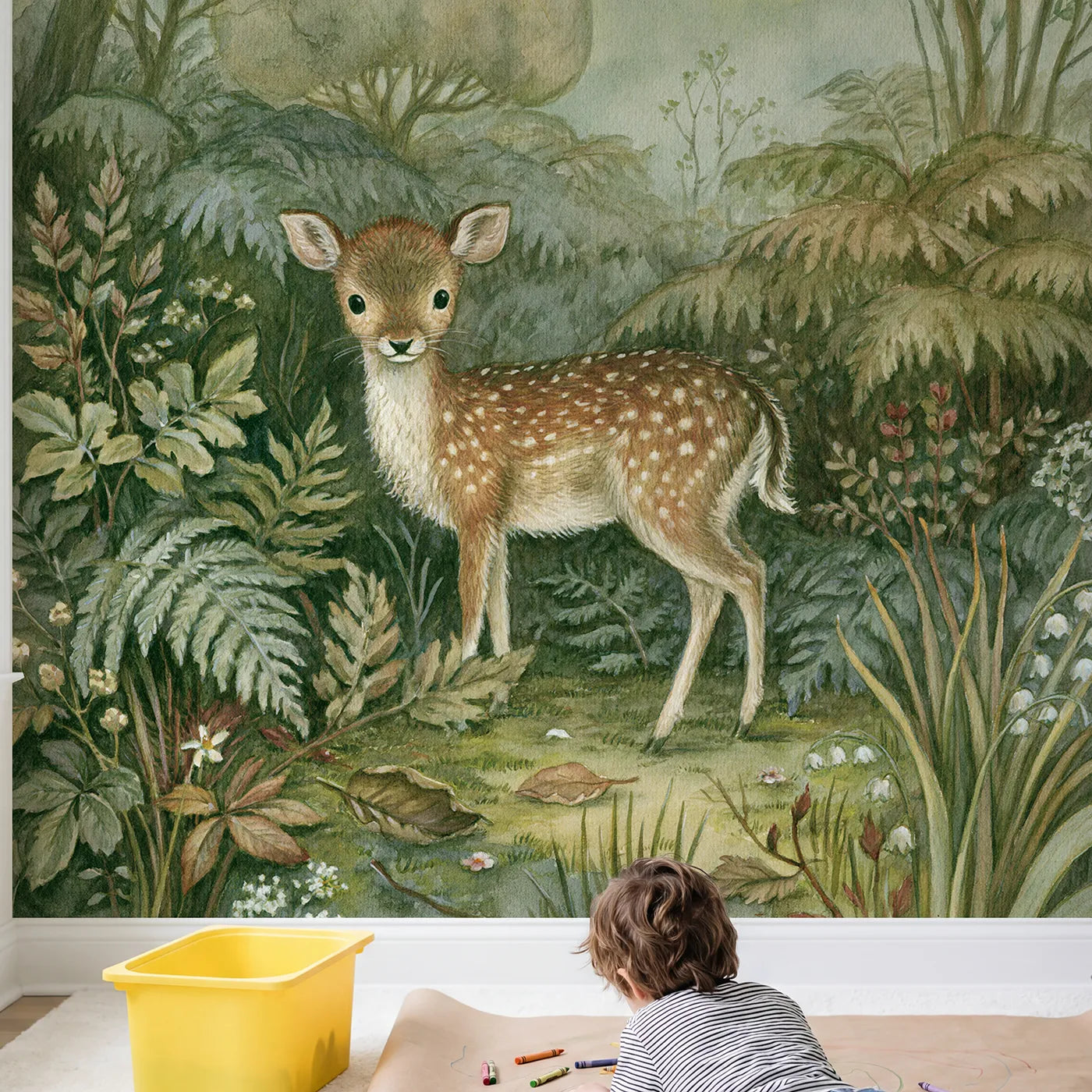 Child in nursery with Gentle Fallow Deer Wallpaper Mural by Whimsy Tots