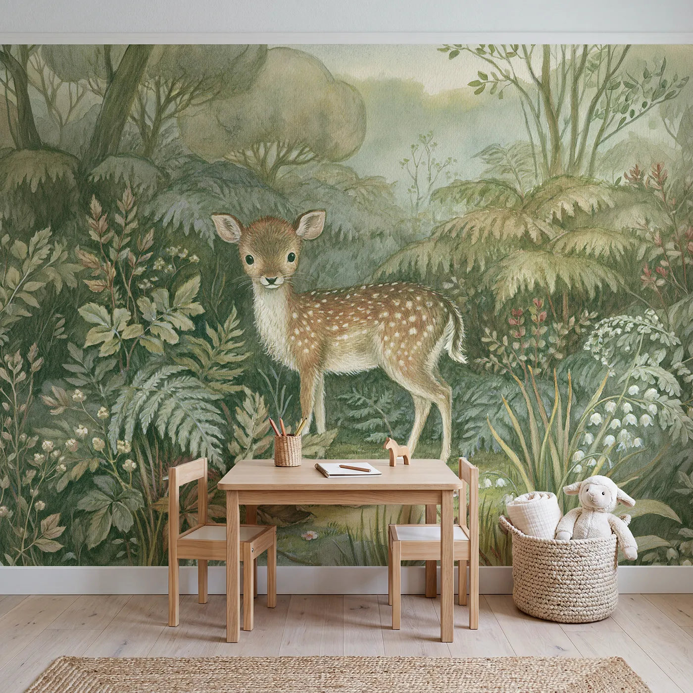 Gentle Fallow Deer Wallpaper Mural in playroom setting by Whimsy Tots