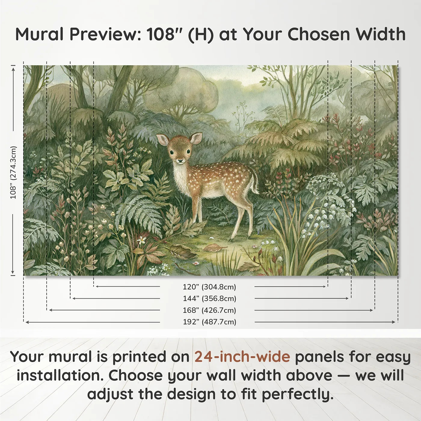 Panel layout and dimensions for Gentle Fallow Deer Wallpaper Mural by Whimsy Tots