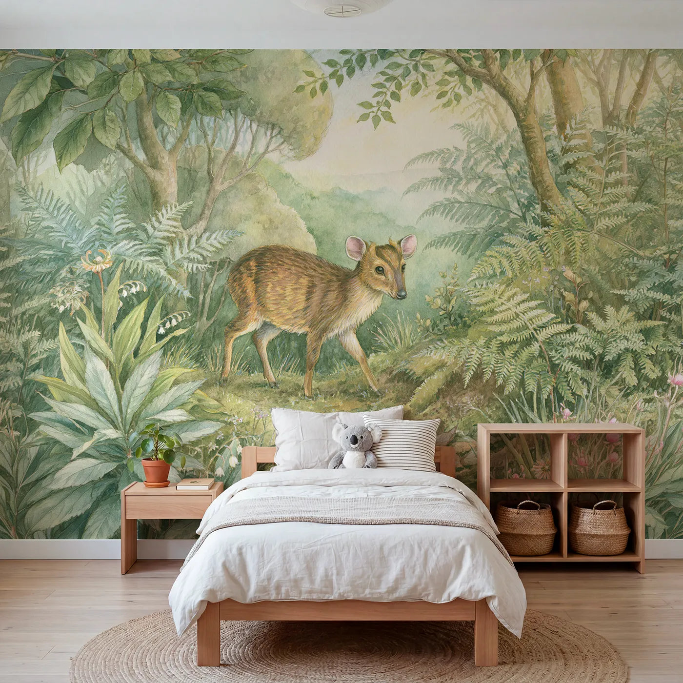 Woodland wall mural of a little muntjac deer by Whimsy Tots