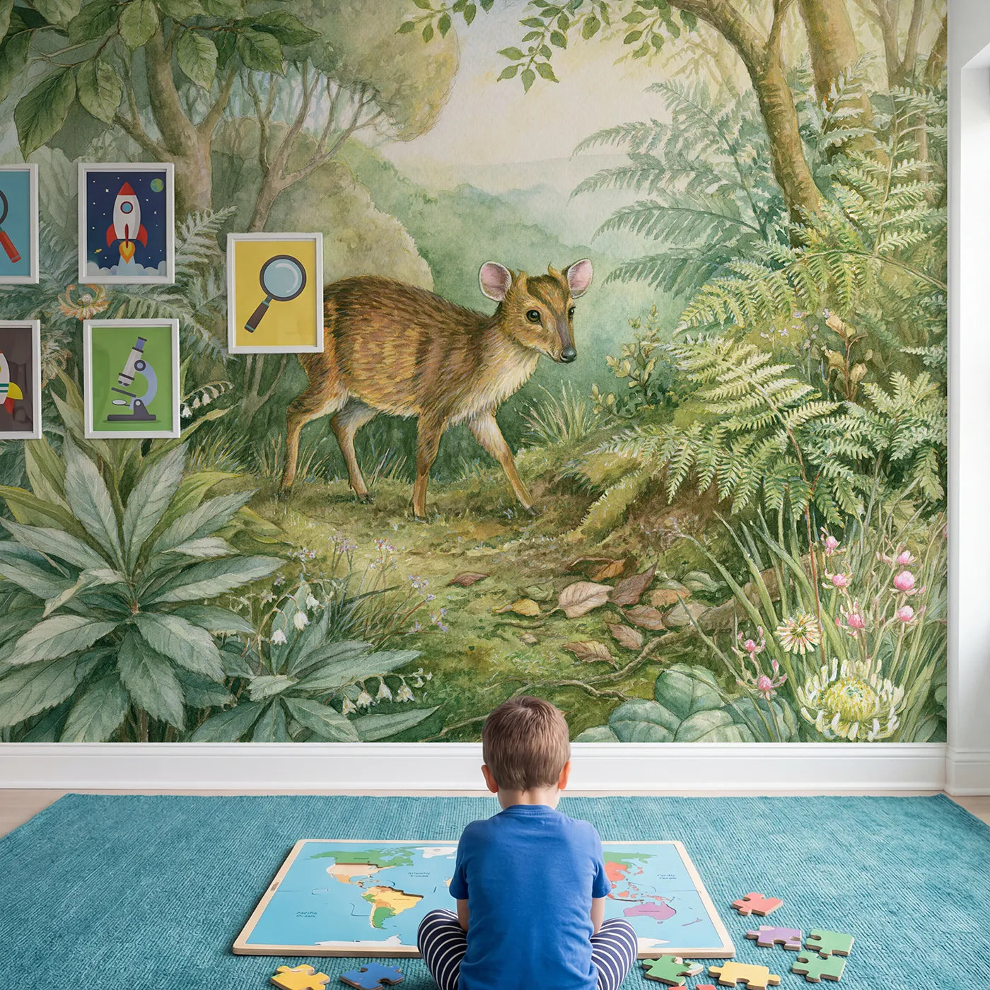 Child in nursery with Little Muntjac Deer Wallpaper Mural by Whimsy Tots