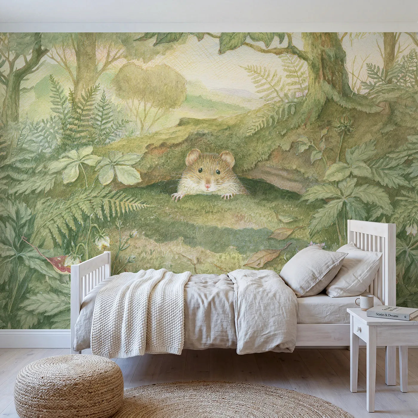 Woodland wall mural of a little bank vole by Whimsy Tots