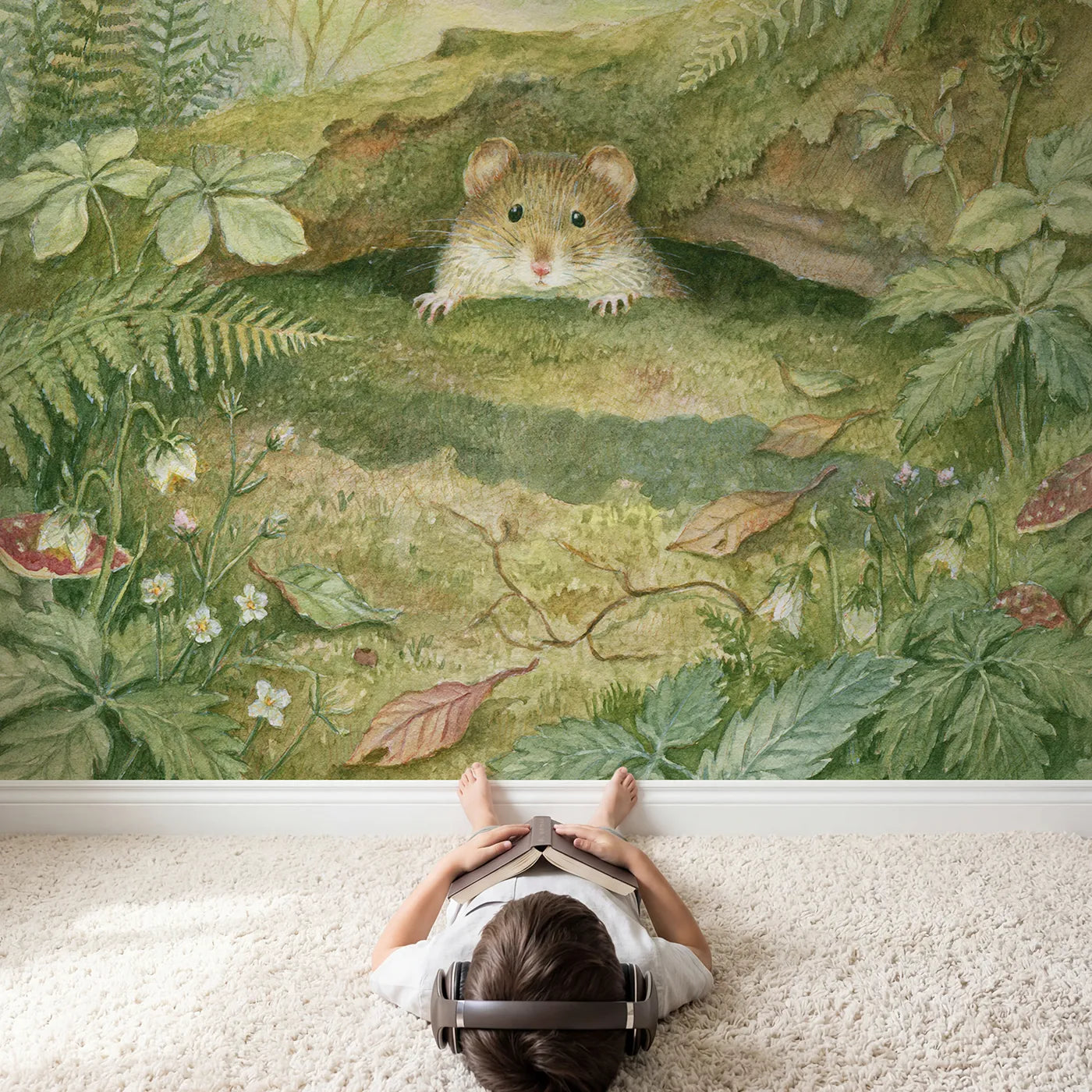 Child in nursery with Little Bank Vole Wallpaper Mural by Whimsy Tots
