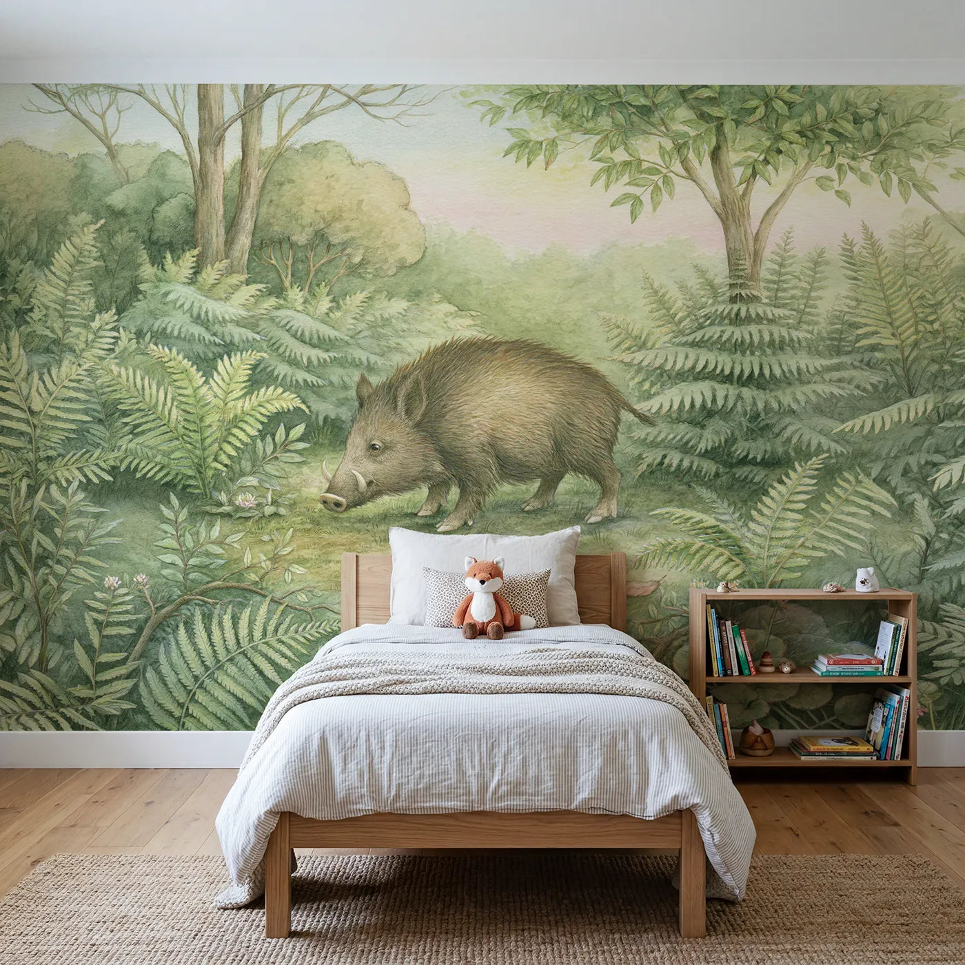 Woodland wall mural of a gentle wild boar by Whimsy Tots