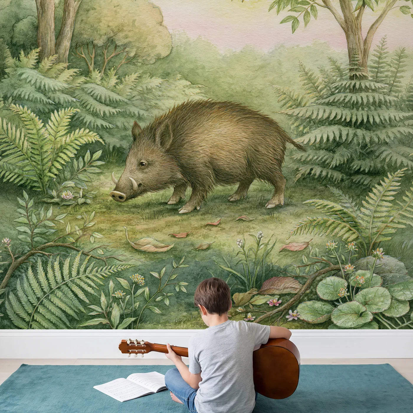 Child in nursery with Gentle Wild Boar Wallpaper Mural by Whimsy Tots