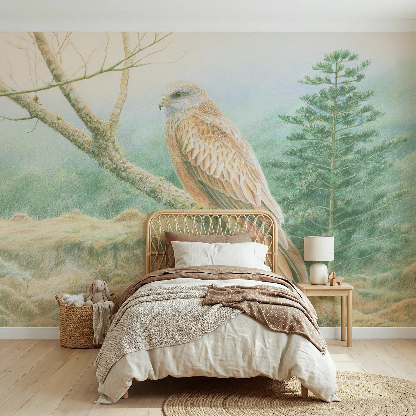 Woodland wall mural of a soft gliding red kite by Whimsy Tots