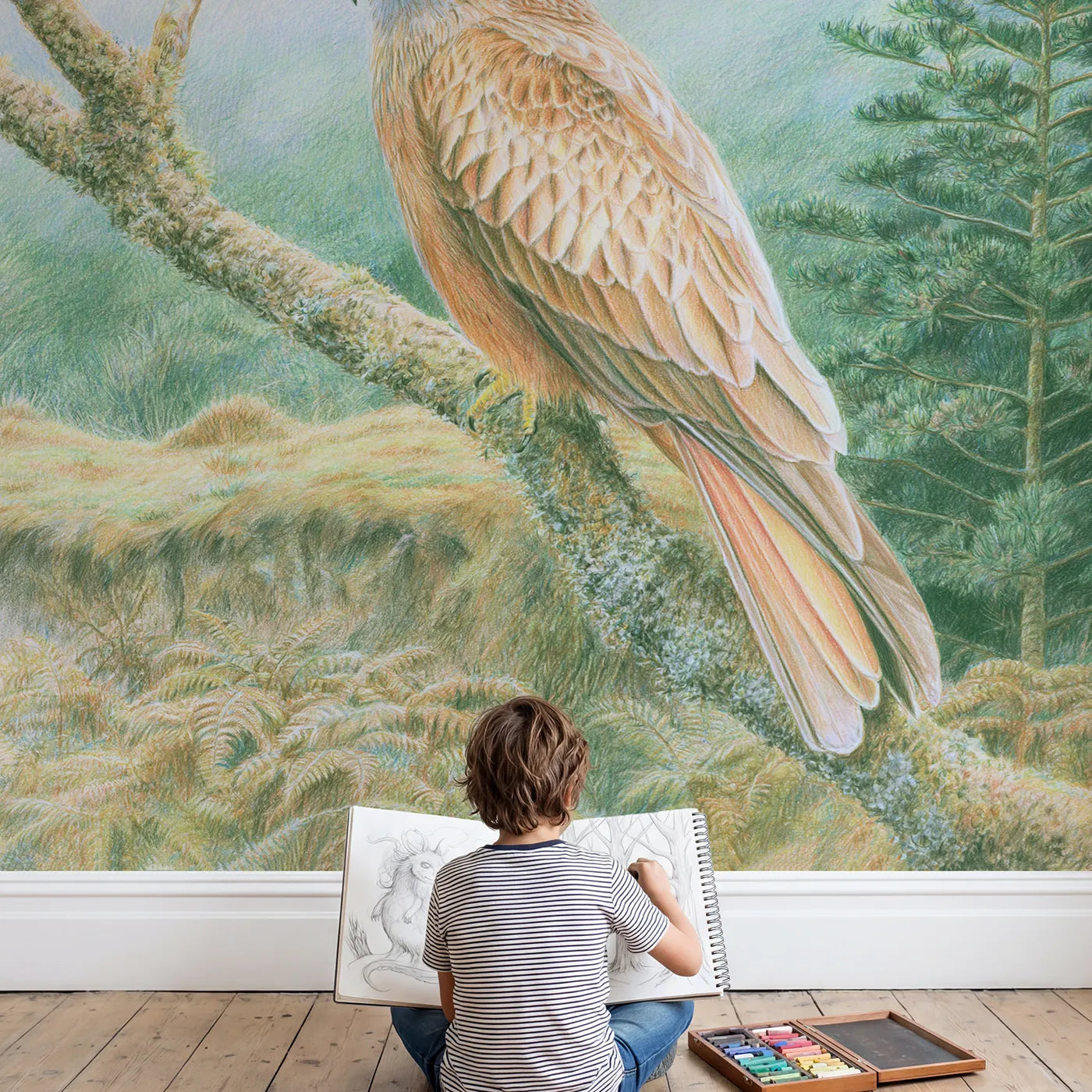 Child in nursery with Soft Red Kite Wallpaper Mural by Whimsy Tots