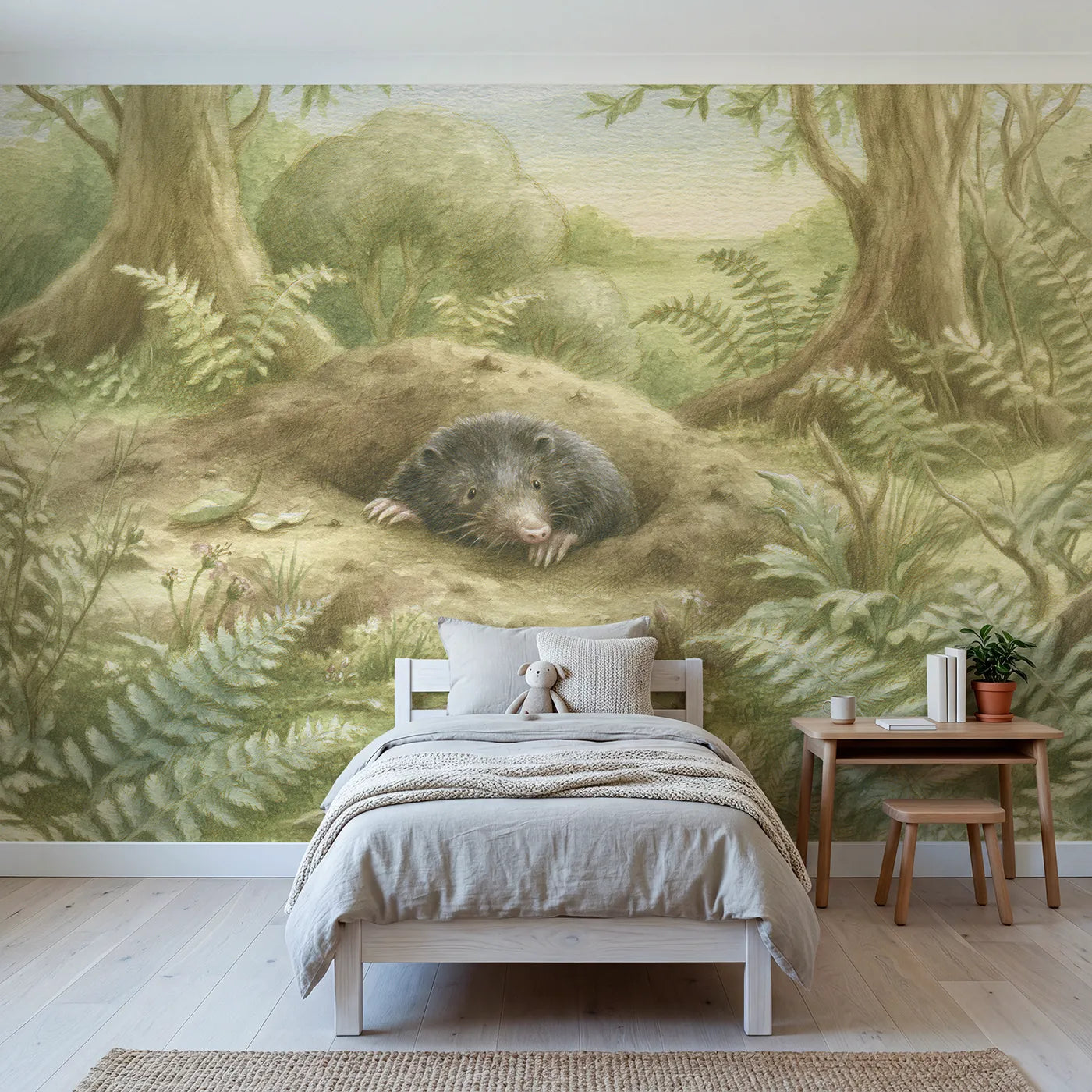 Woodland wall mural of a cheerful little garden mole by Whimsy Tots