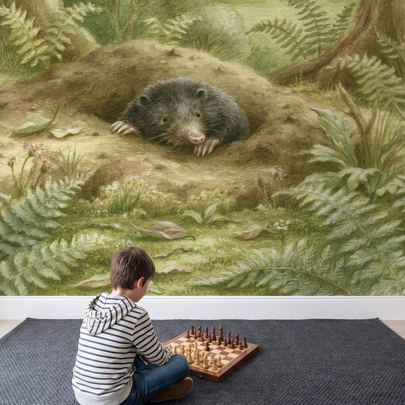 Child in nursery with Little Garden Mole Wallpaper Mural by Whimsy Tots