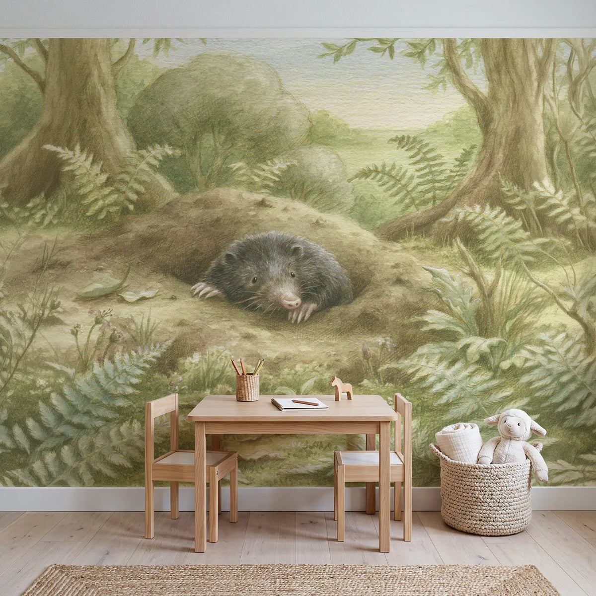 Little Garden Mole Wallpaper Mural in playroom setting by Whimsy Tots