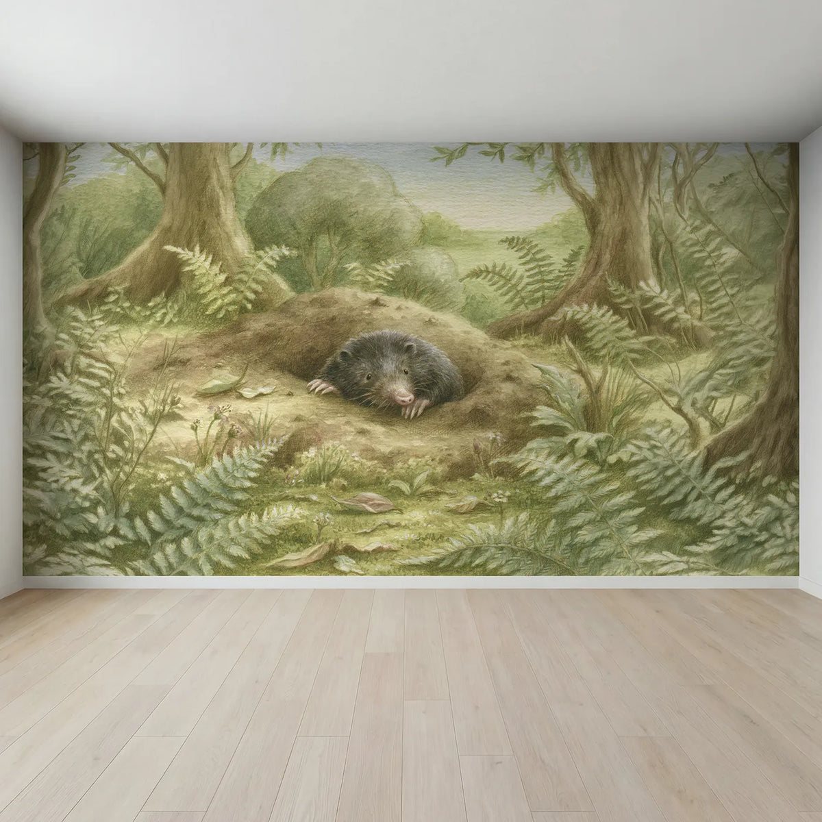 Full view of Little Garden Mole Wallpaper Mural by Whimsy Tots