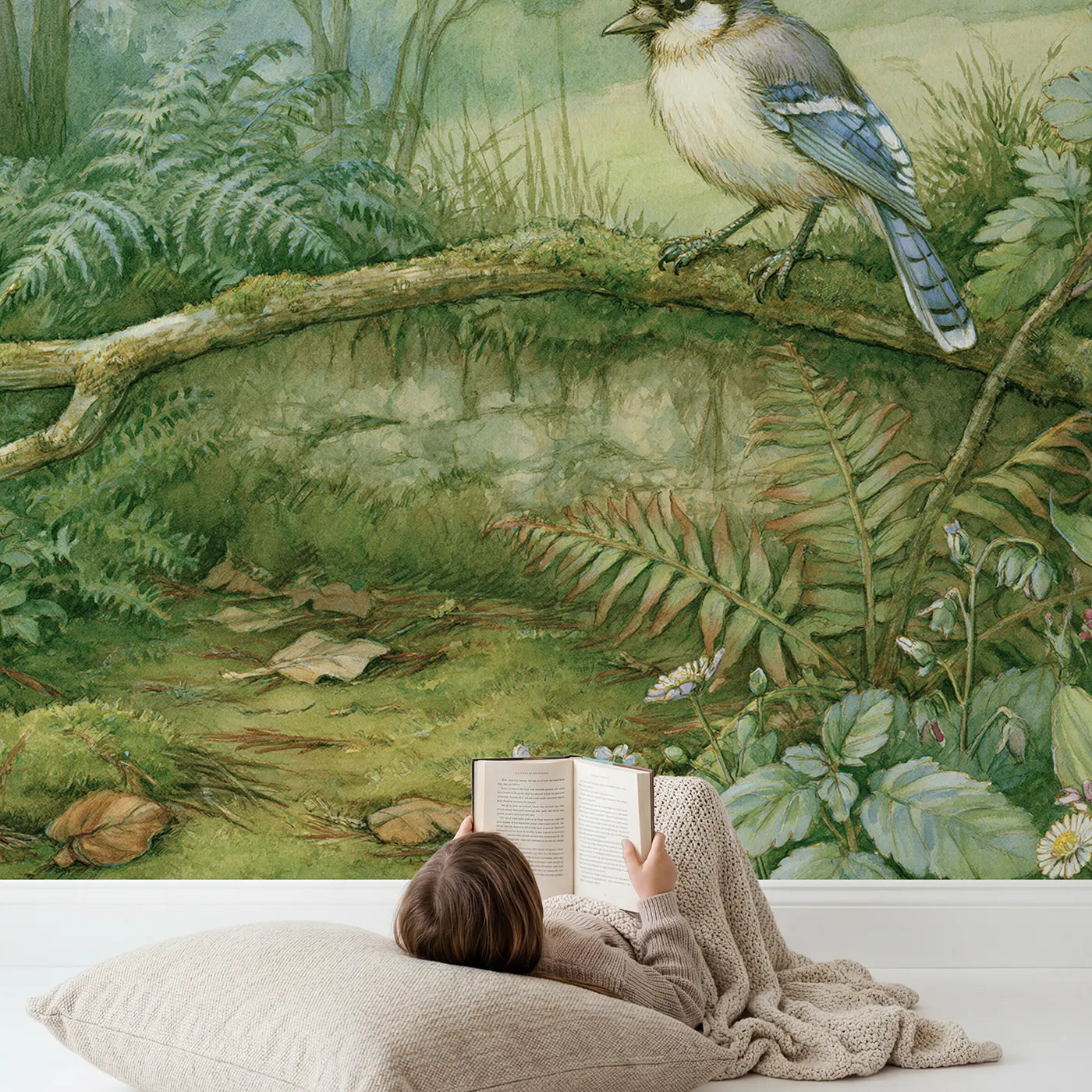 Child in nursery with Bright Forest Jay Wallpaper Mural by Whimsy Tots