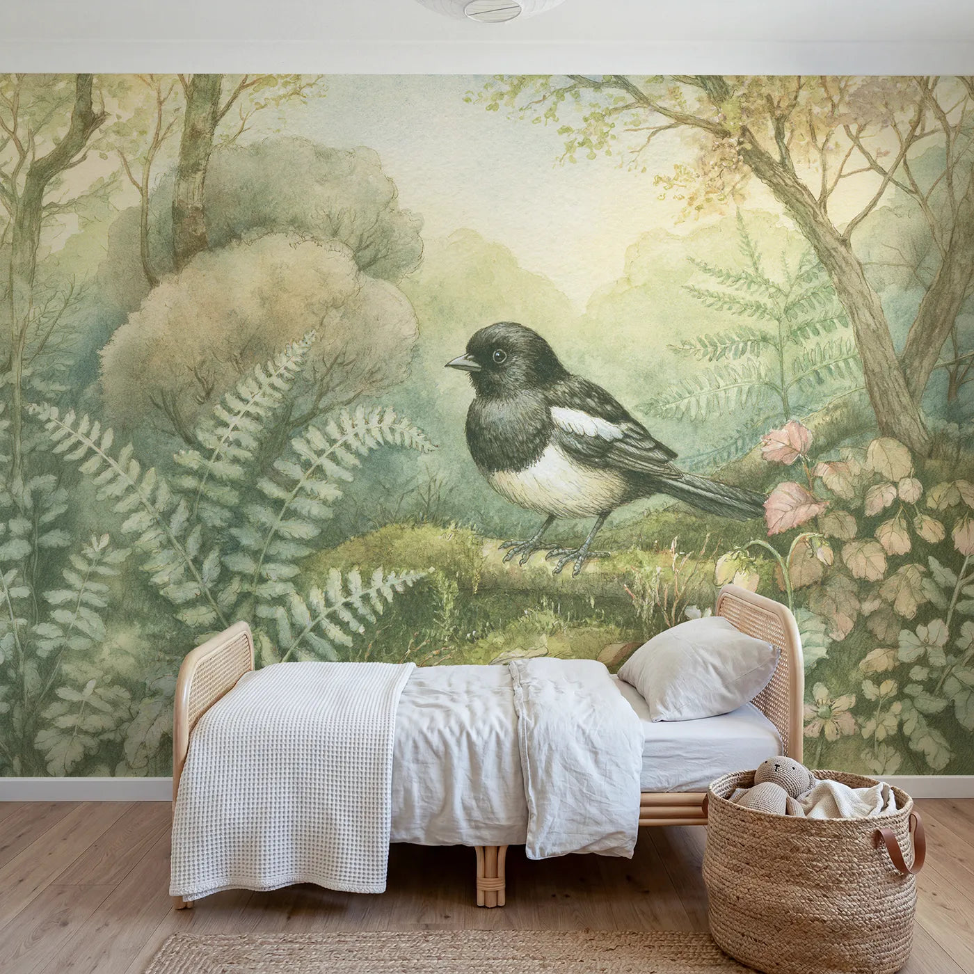 Woodland wall mural of a smart black and white magpie by Whimsy Tots