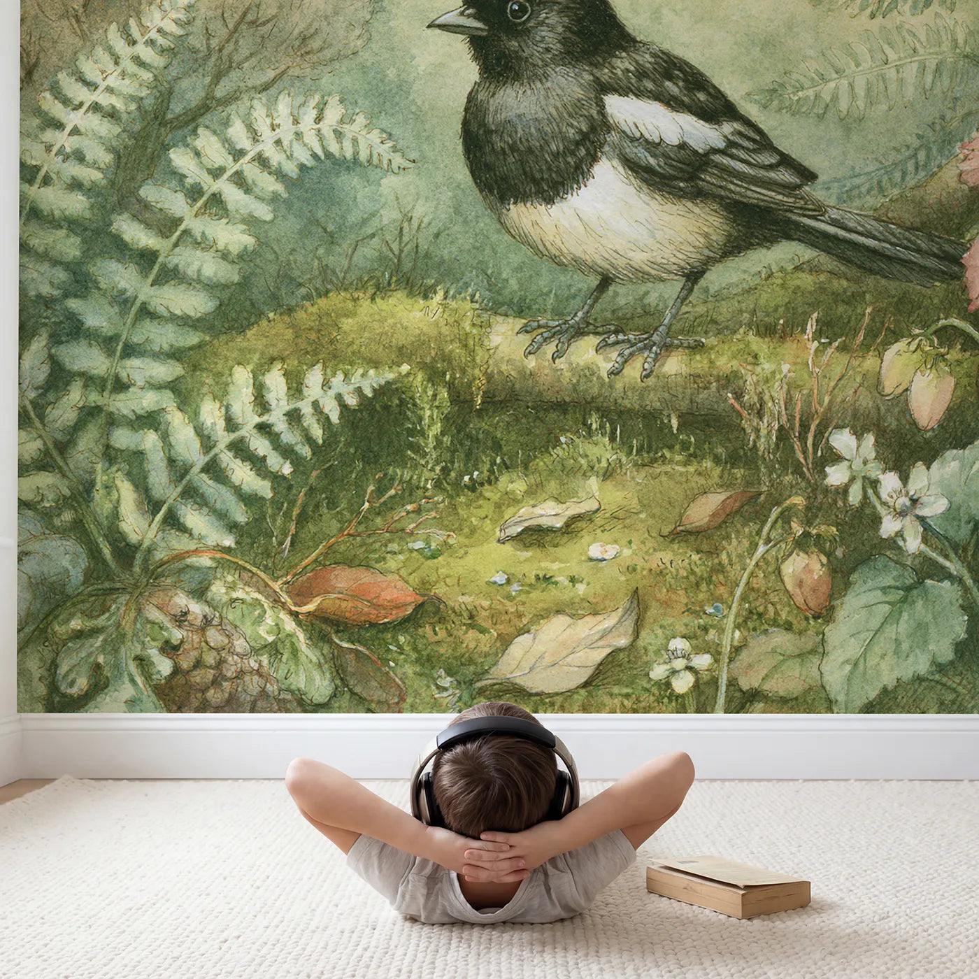 Child in nursery with Little Forest Magpie Wallpaper Mural by Whimsy Tots