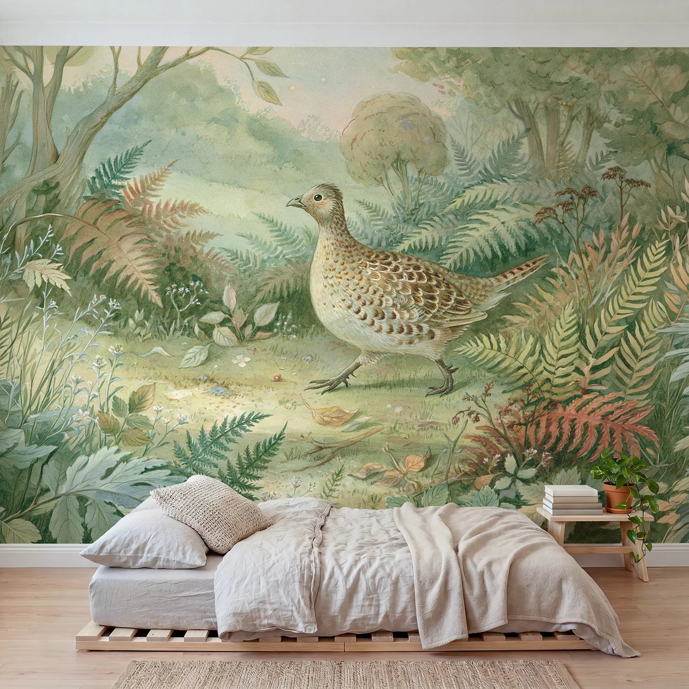 Woodland wall mural of a regal copper pheasant by Whimsy Tots