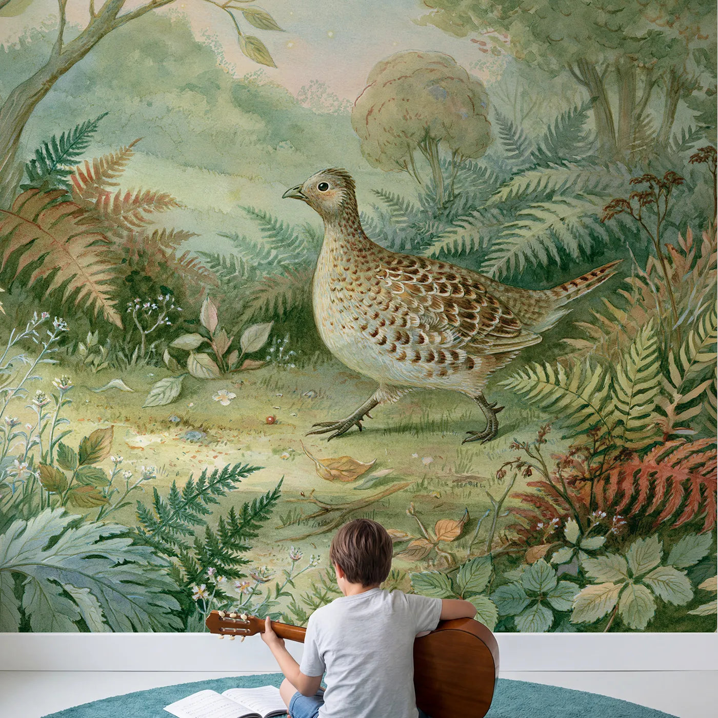 Child in nursery with Gentle Woodland Pheasant Wallpaper Mural by Whimsy Tots