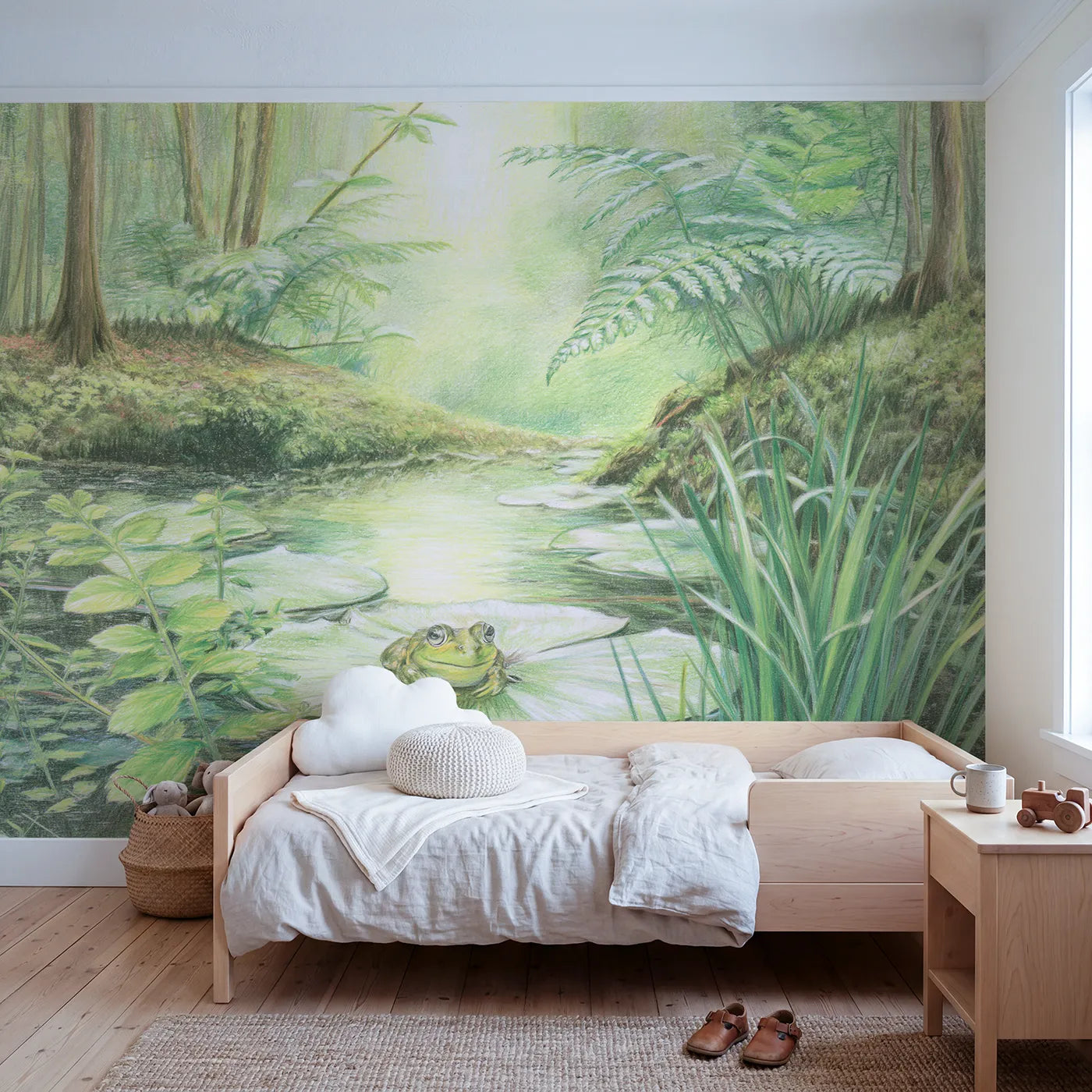 Woodland wall mural of a bright green little frog by Whimsy Tots