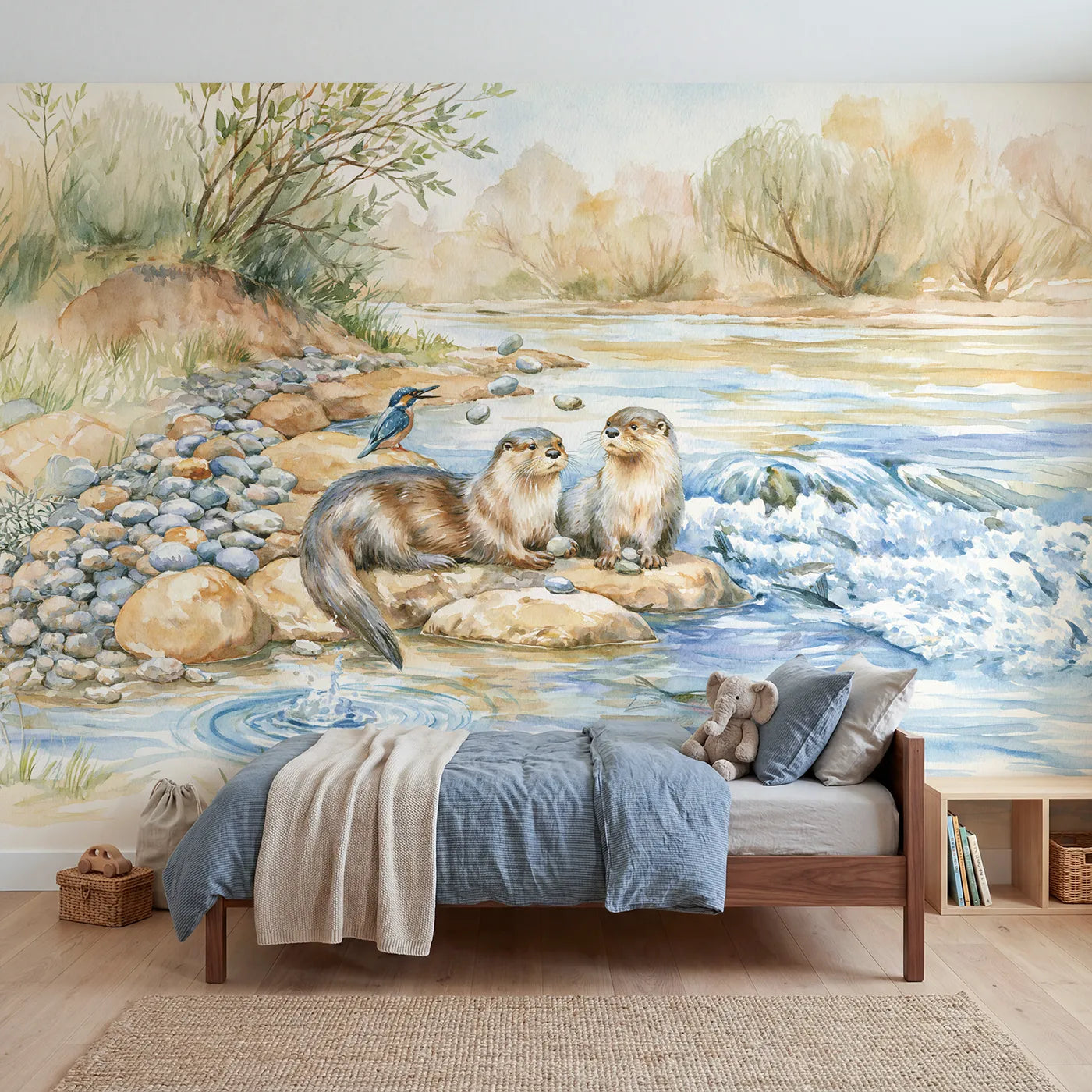 Watercolor otters juggling pebbles on river rocks, wall mural for a rented bedroom by Whimsy Tots