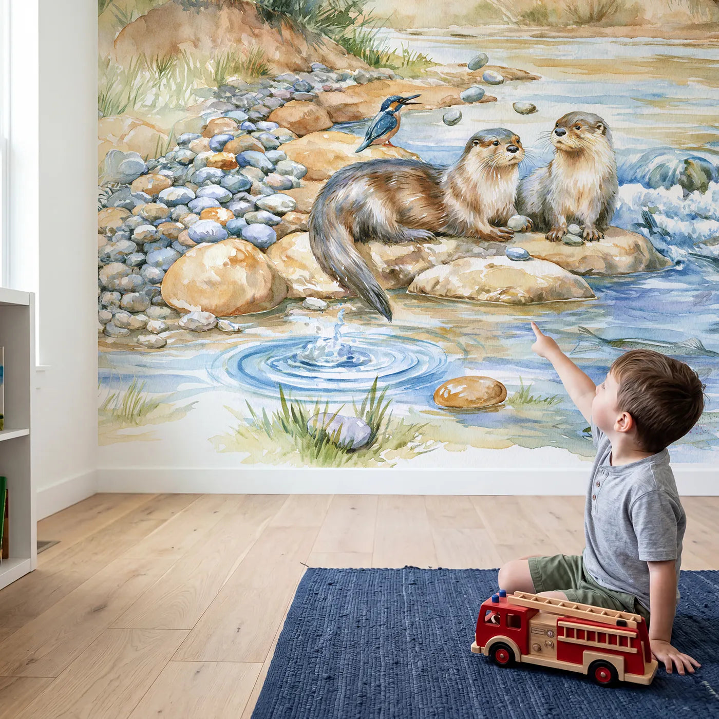 Child in nursery with Otter Pebble Jugglers Wallpaper Mural by Whimsy Tots