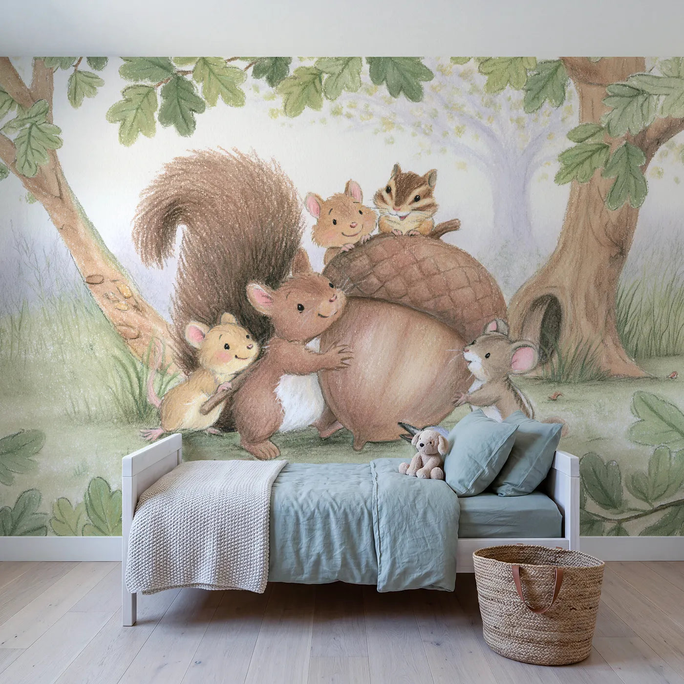 Colored Pencil squirrel and friends heaving a giant acorn, wall mural for a playroom by Whimsy Tots