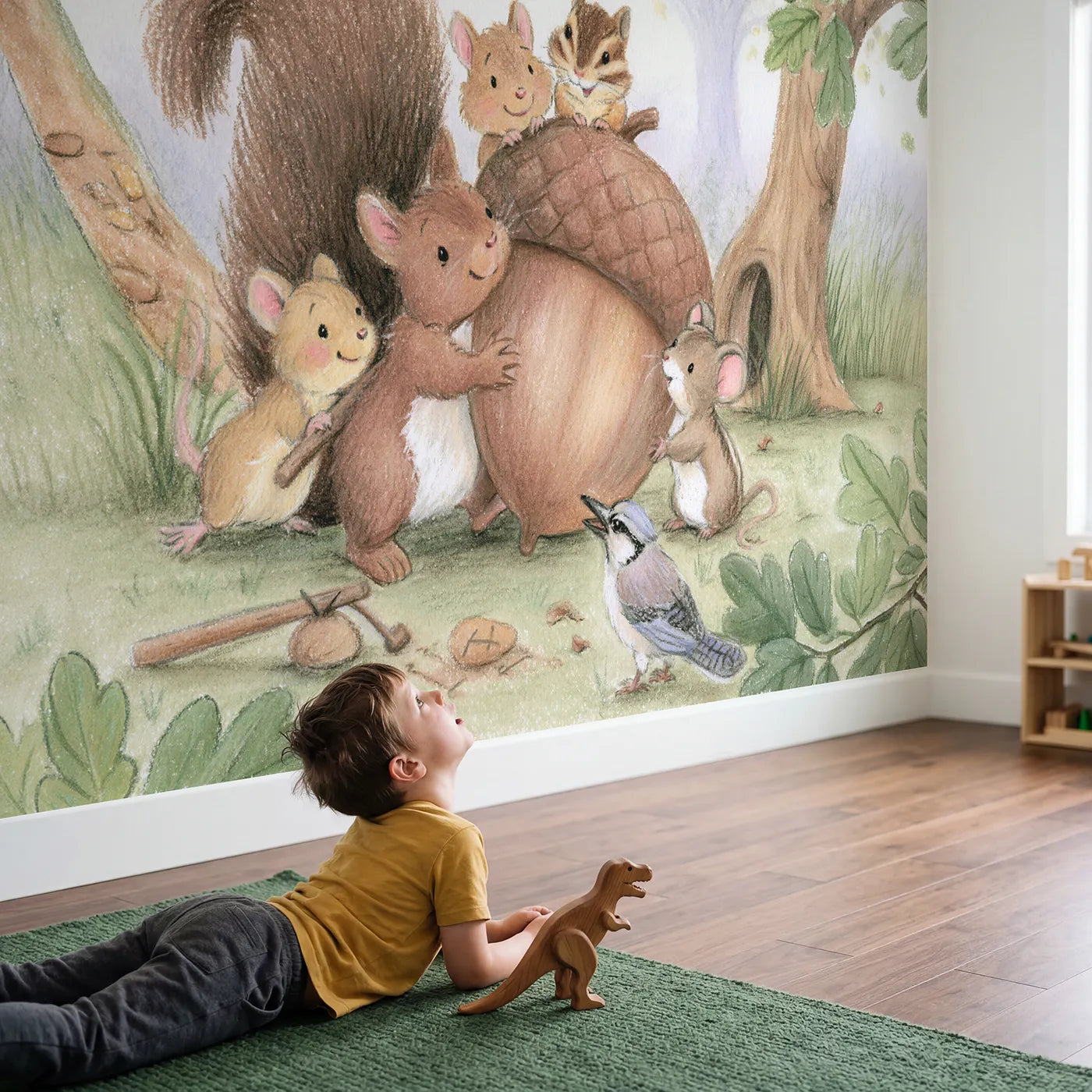Child in nursery with The Enormous Acorn Wallpaper Mural by Whimsy Tots