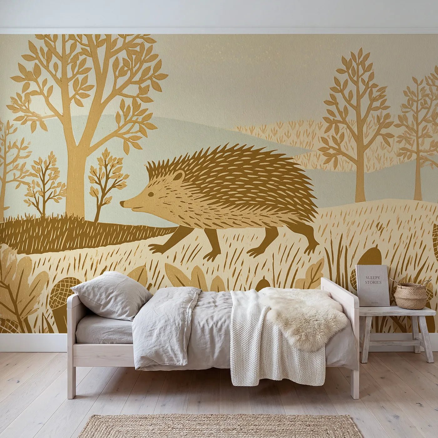 Linocut wall mural of a strolling hedgehog in honey ink by Whimsy Tots