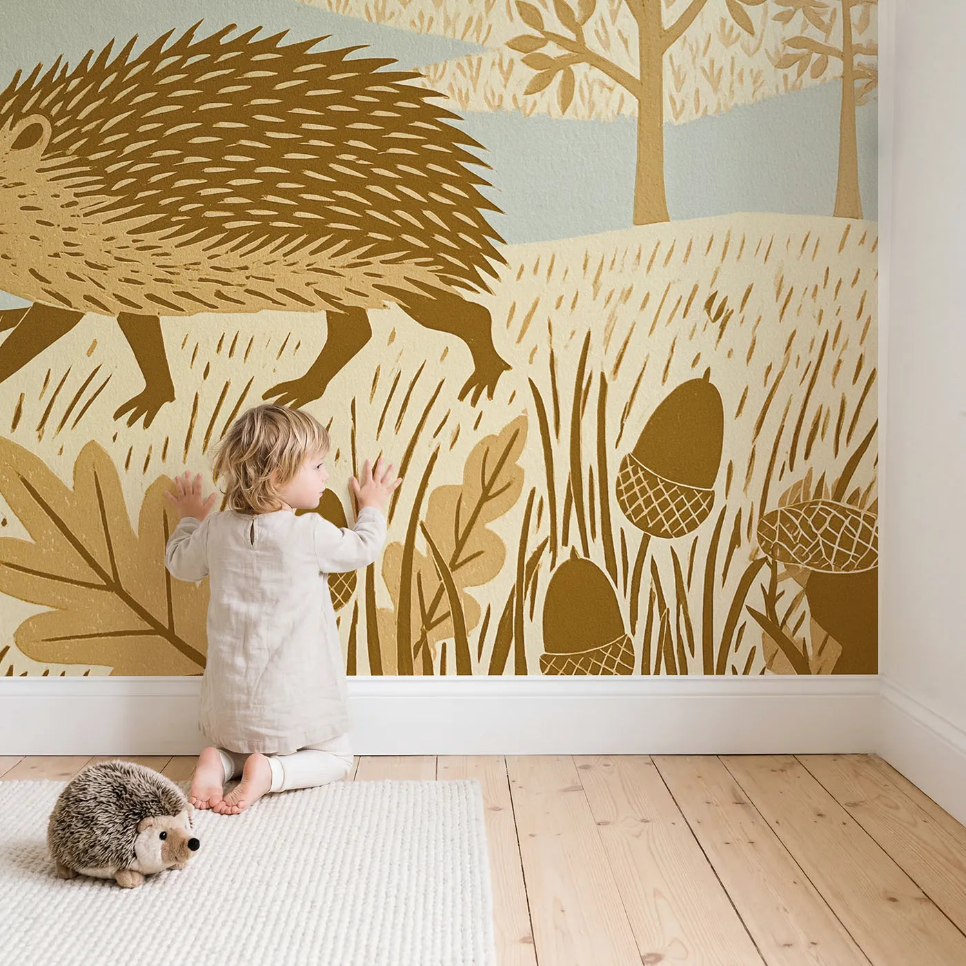 Child in nursery with Linocut Hedgehog Stroll Wallpaper Mural by Whimsy Tots