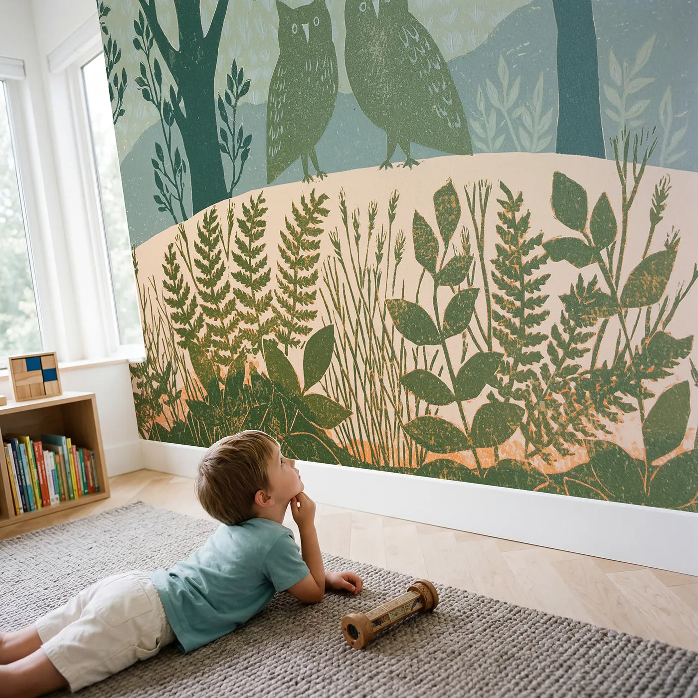 Child in nursery with Linocut Owl Pair Wallpaper Mural by Whimsy Tots