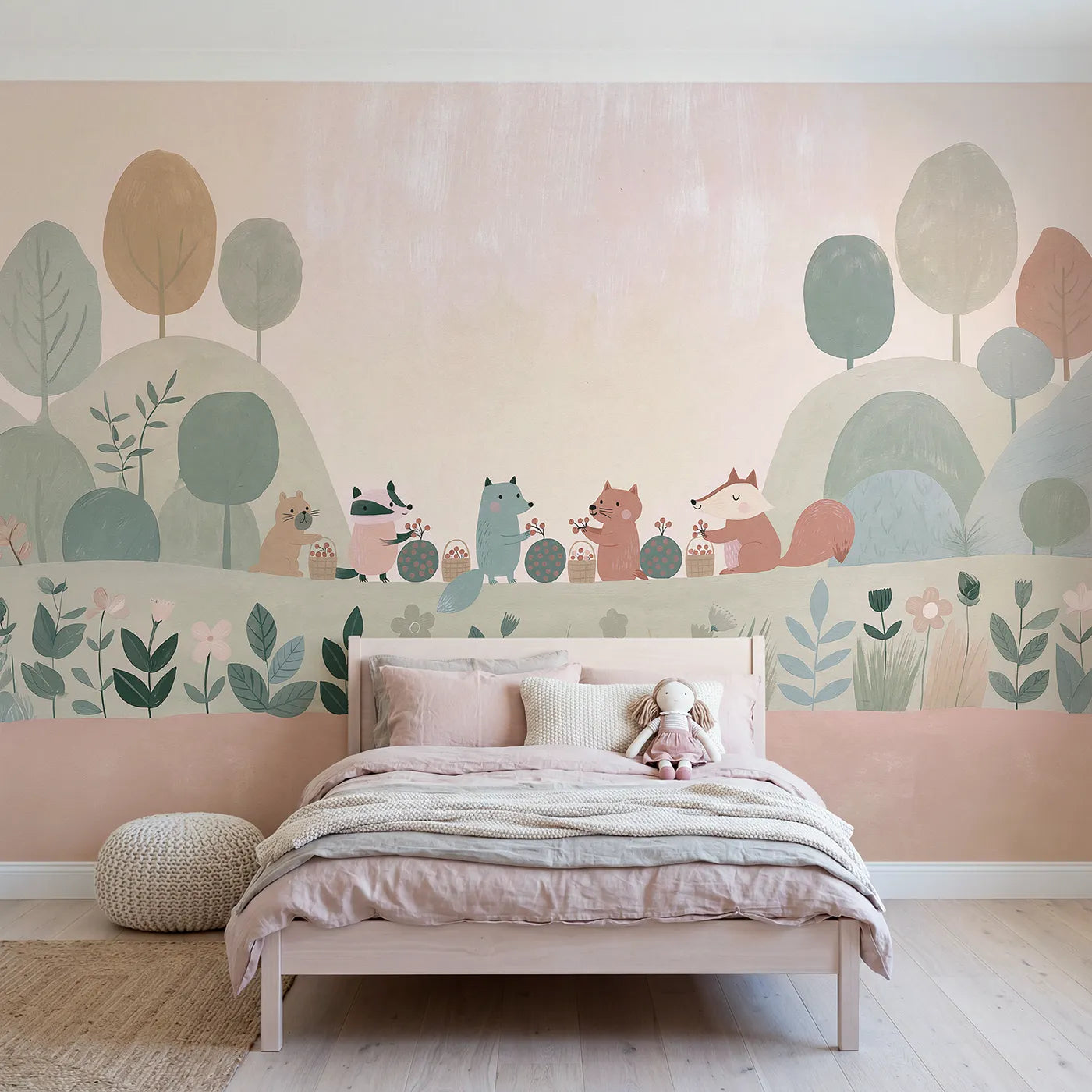 Folk gouache wall mural of a woodland counting scene by Whimsy Tots