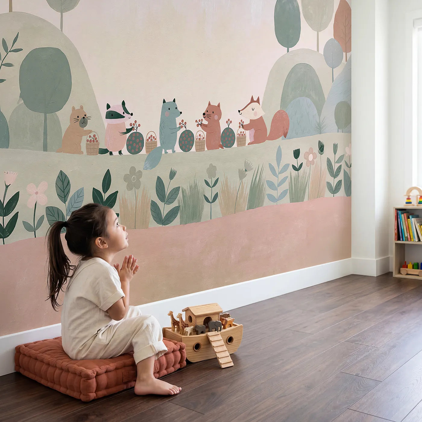 Child in nursery with Folk Woodland Berry Picking Wallpaper Mural by Whimsy Tots