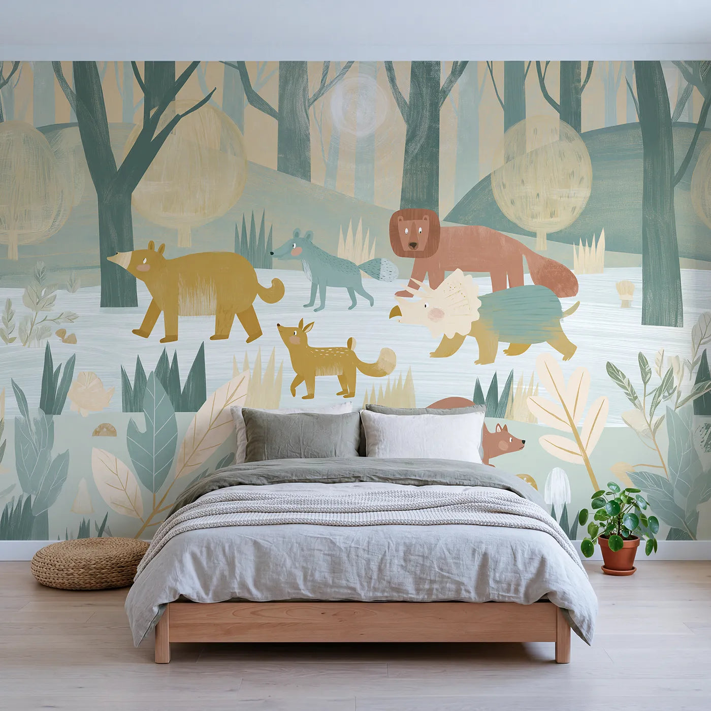 Folk gouache wall mural of a woodland alphabet by Whimsy Tots