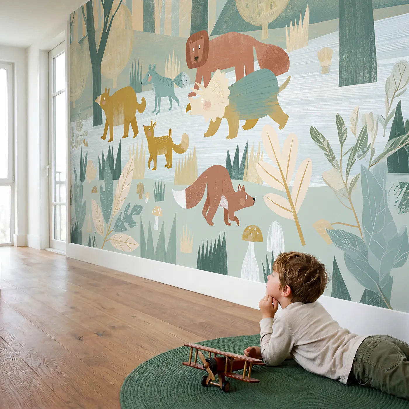 Child in nursery with Folk Forest Friends Walk Wallpaper Mural by Whimsy Tots