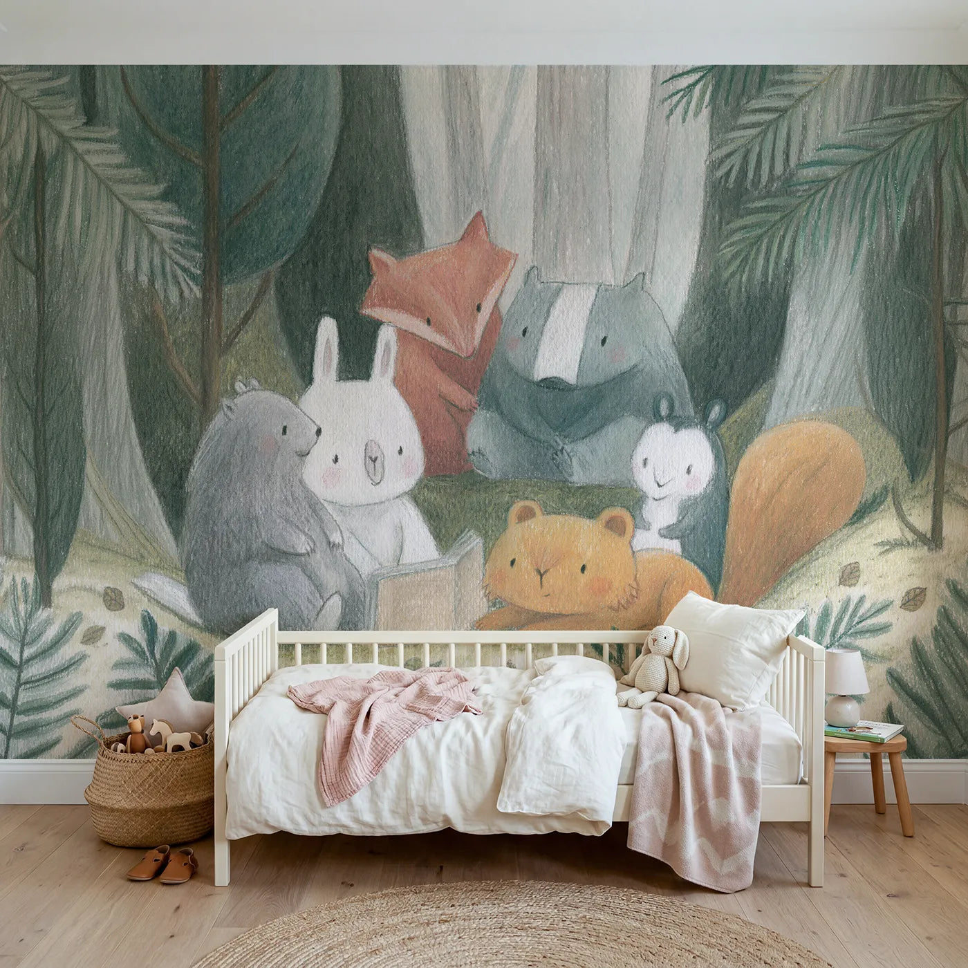 Colored-pencil wall mural of gathered woodland friends by Whimsy Tots