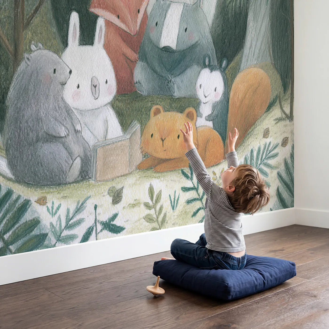 Child in nursery with Soft Pencil Friends Wallpaper Mural by Whimsy Tots