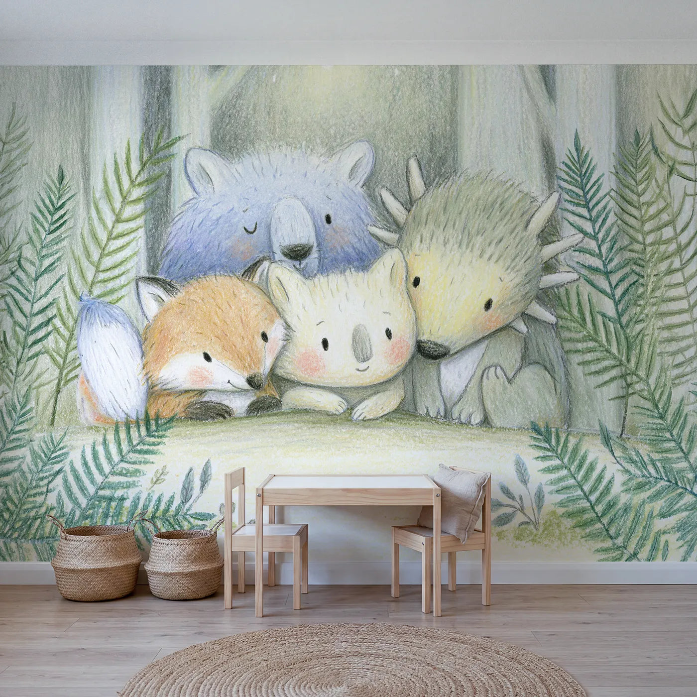 Colored-pencil wall mural of three woodland babies by Whimsy Tots
