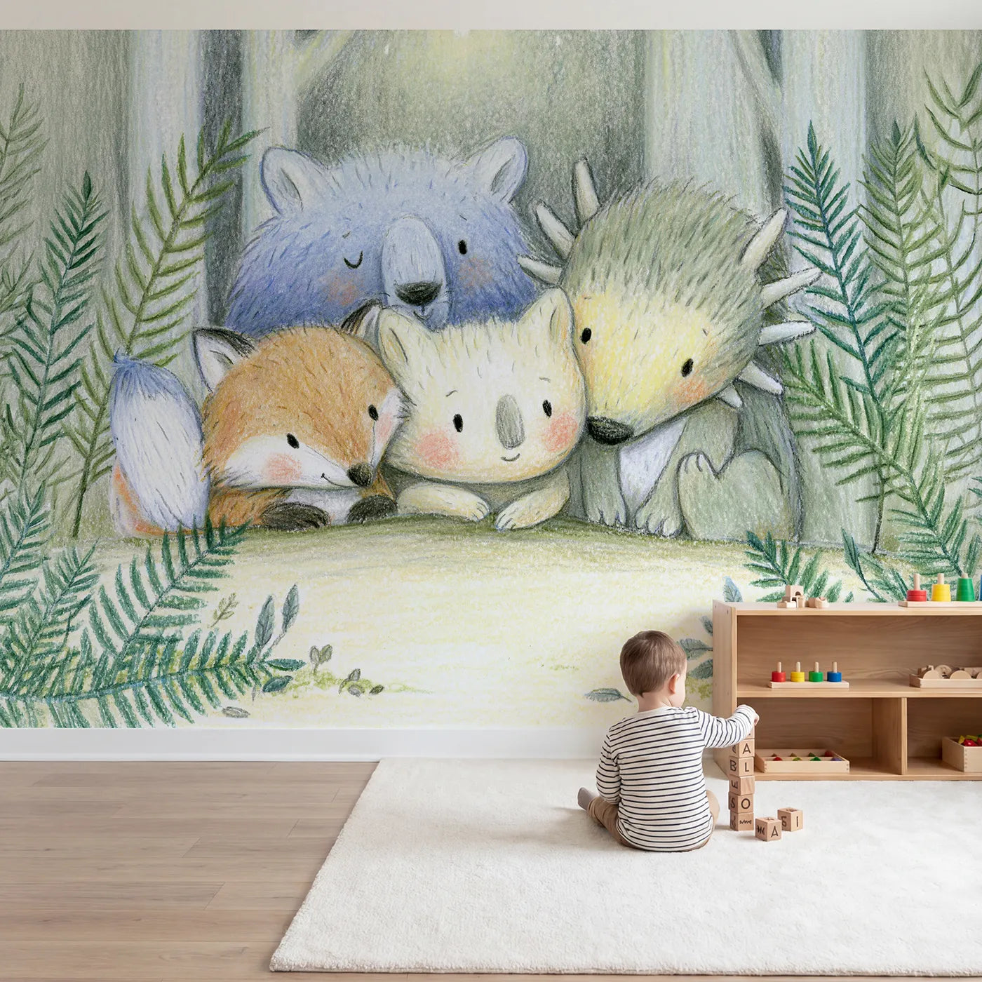 Child in nursery with Pencil Forest Babies Wallpaper Mural by Whimsy Tots