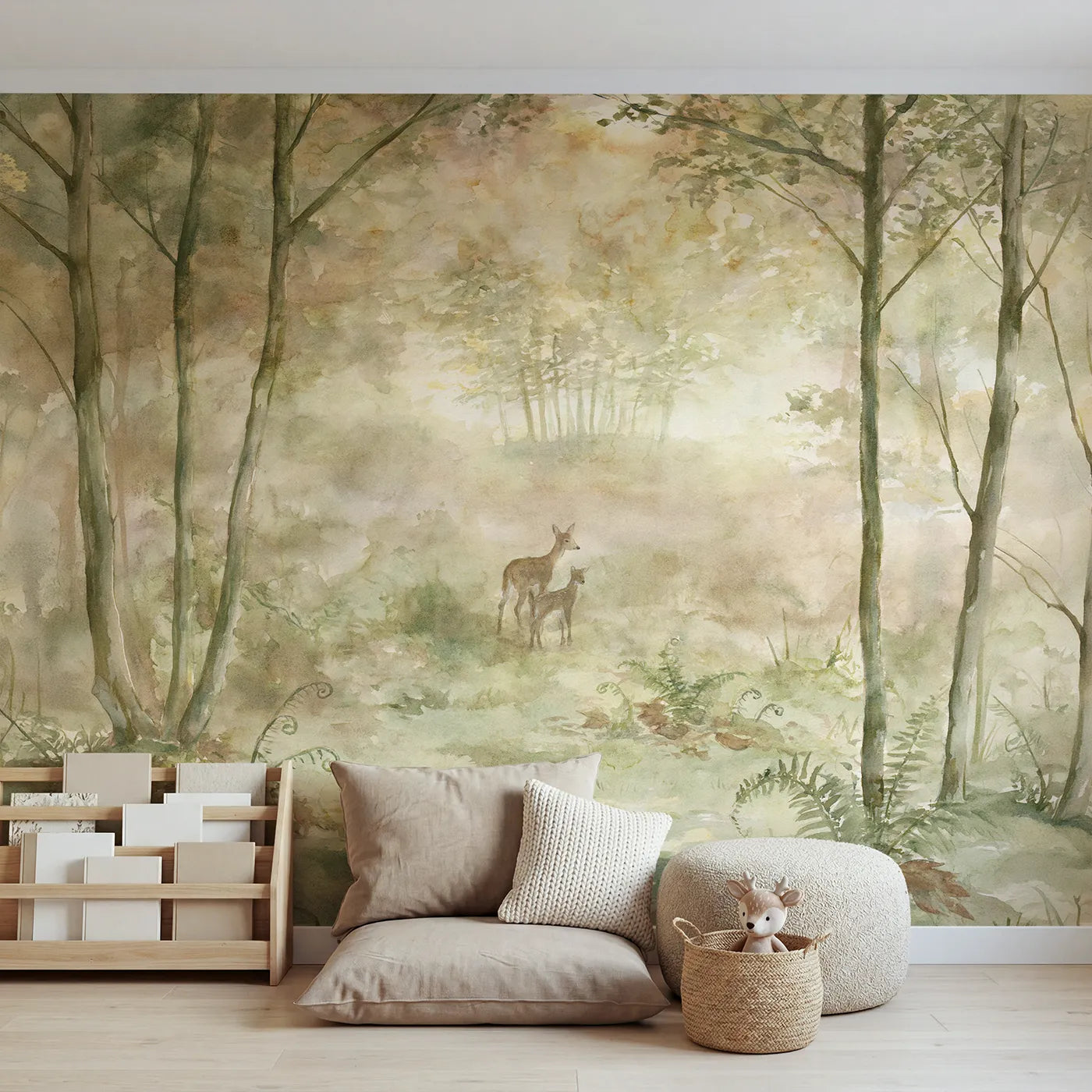Woodland wall mural of a doe and fawn in morning mist by Whimsy Tots