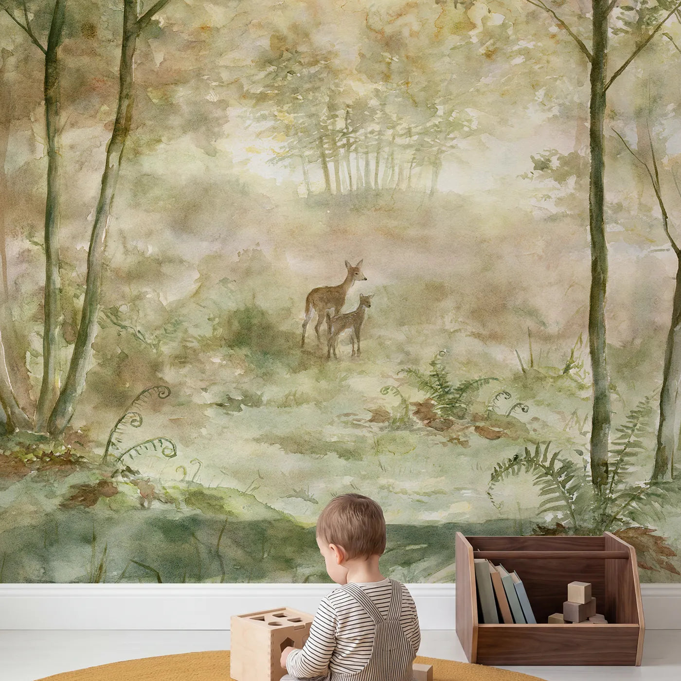 Child in nursery with Forest Family Mist Wallpaper Mural by Whimsy Tots