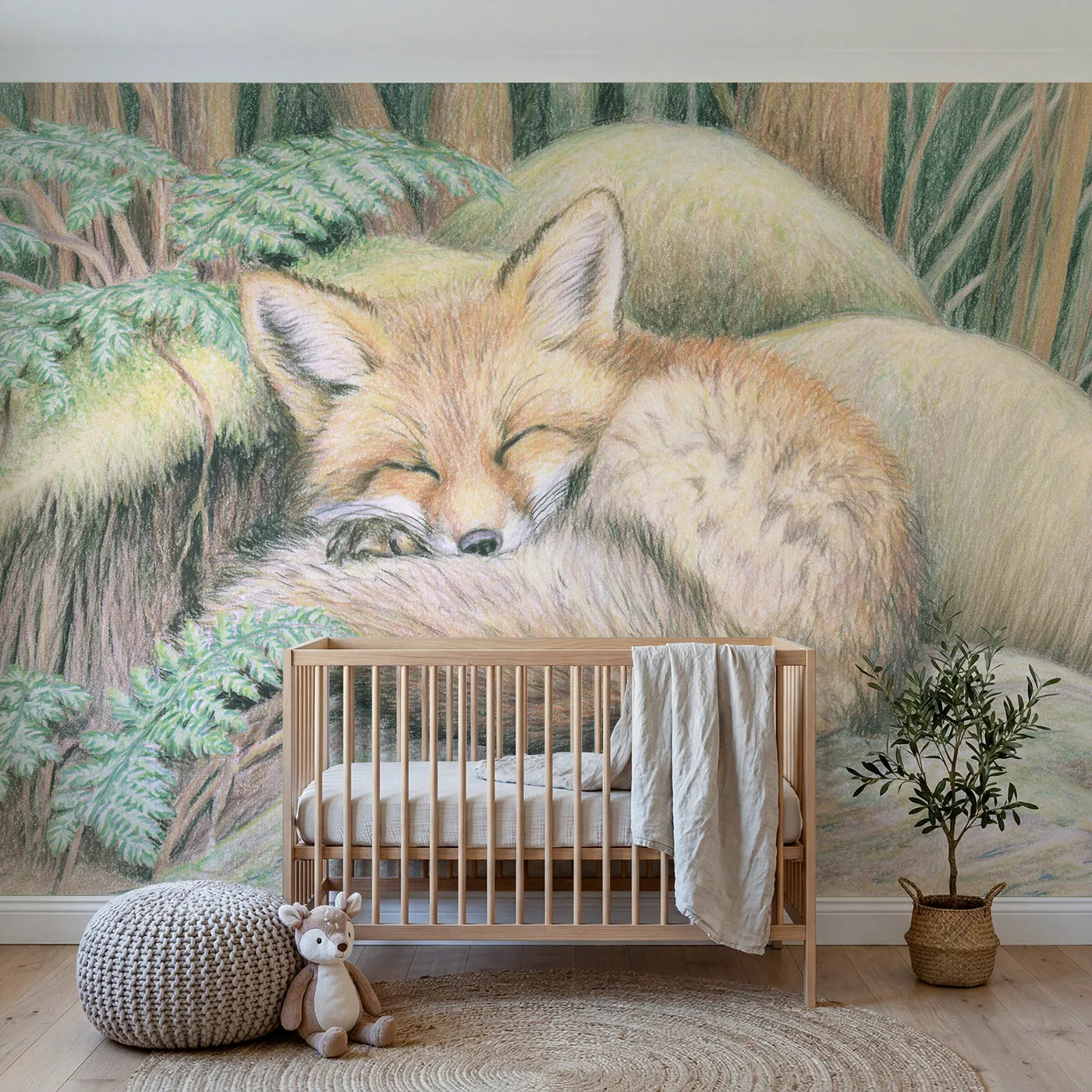 Colored-pencil wall mural of a resting red fox kit by Whimsy Tots