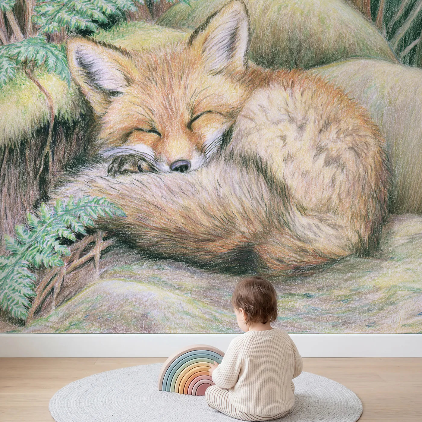 Child in nursery with Resting Fox Kit Wallpaper Mural by Whimsy Tots