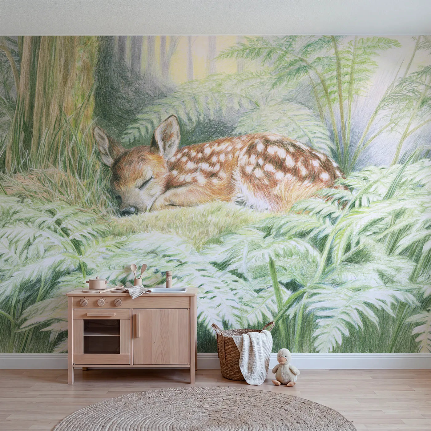 Colored-pencil wall mural of a fawn asleep in ferns by Whimsy Tots