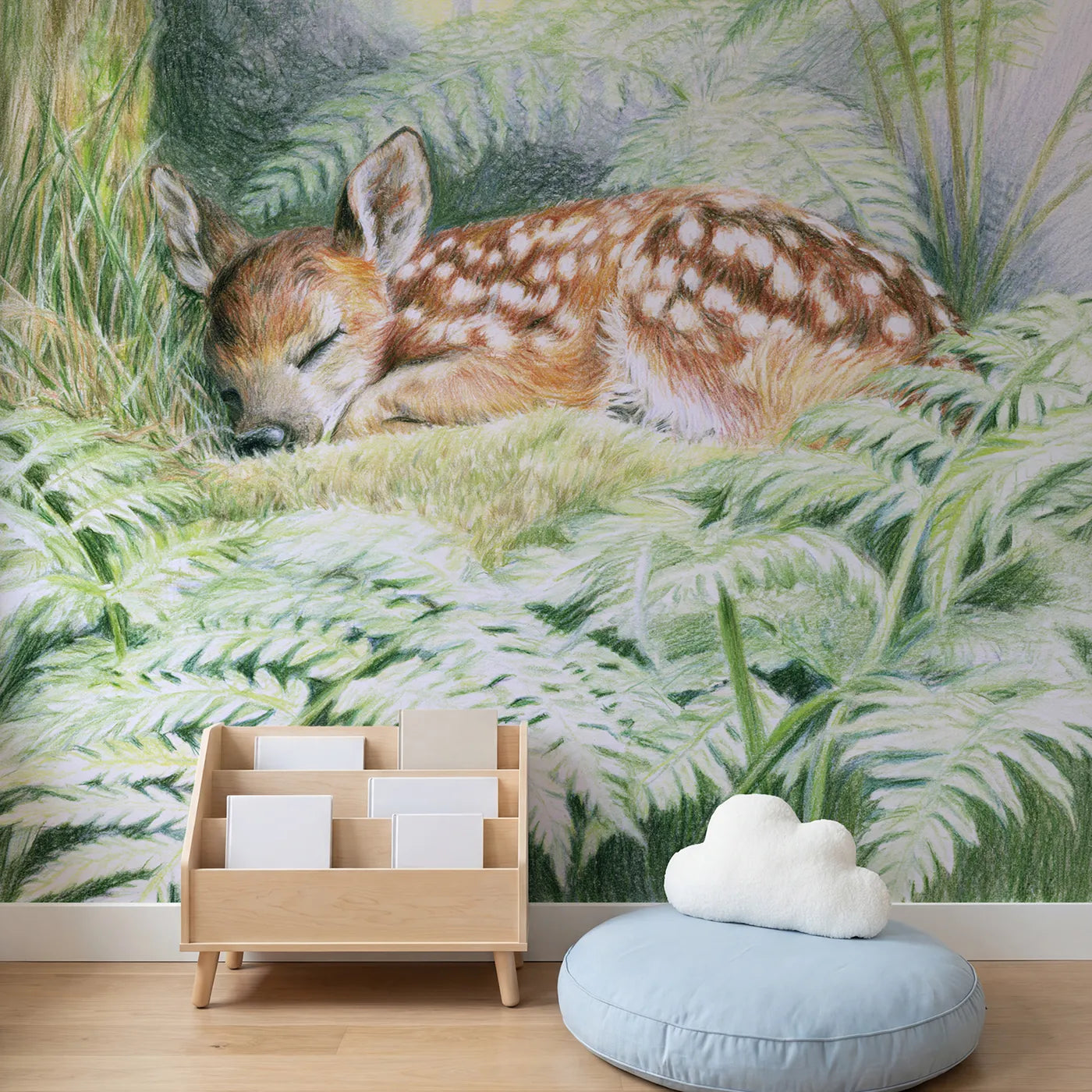 Child in nursery with Sleeping Fawn in Ferns Wallpaper Mural by Whimsy Tots
