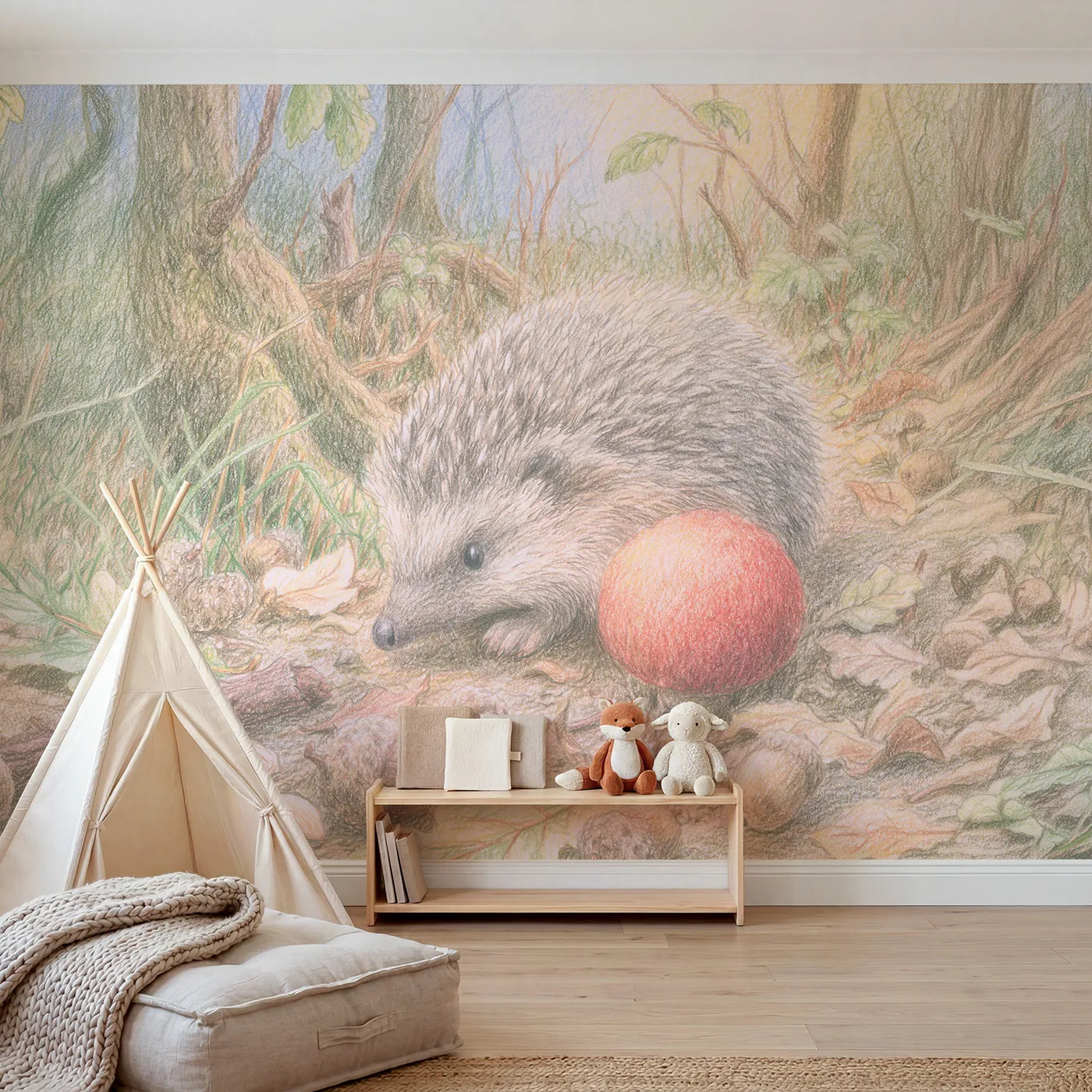 Colored-pencil wall mural of a hedgehog and red toadstool by Whimsy Tots