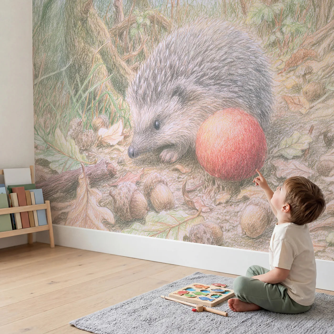 Child in nursery with Hedgehog and Toadstool Wallpaper Mural by Whimsy Tots