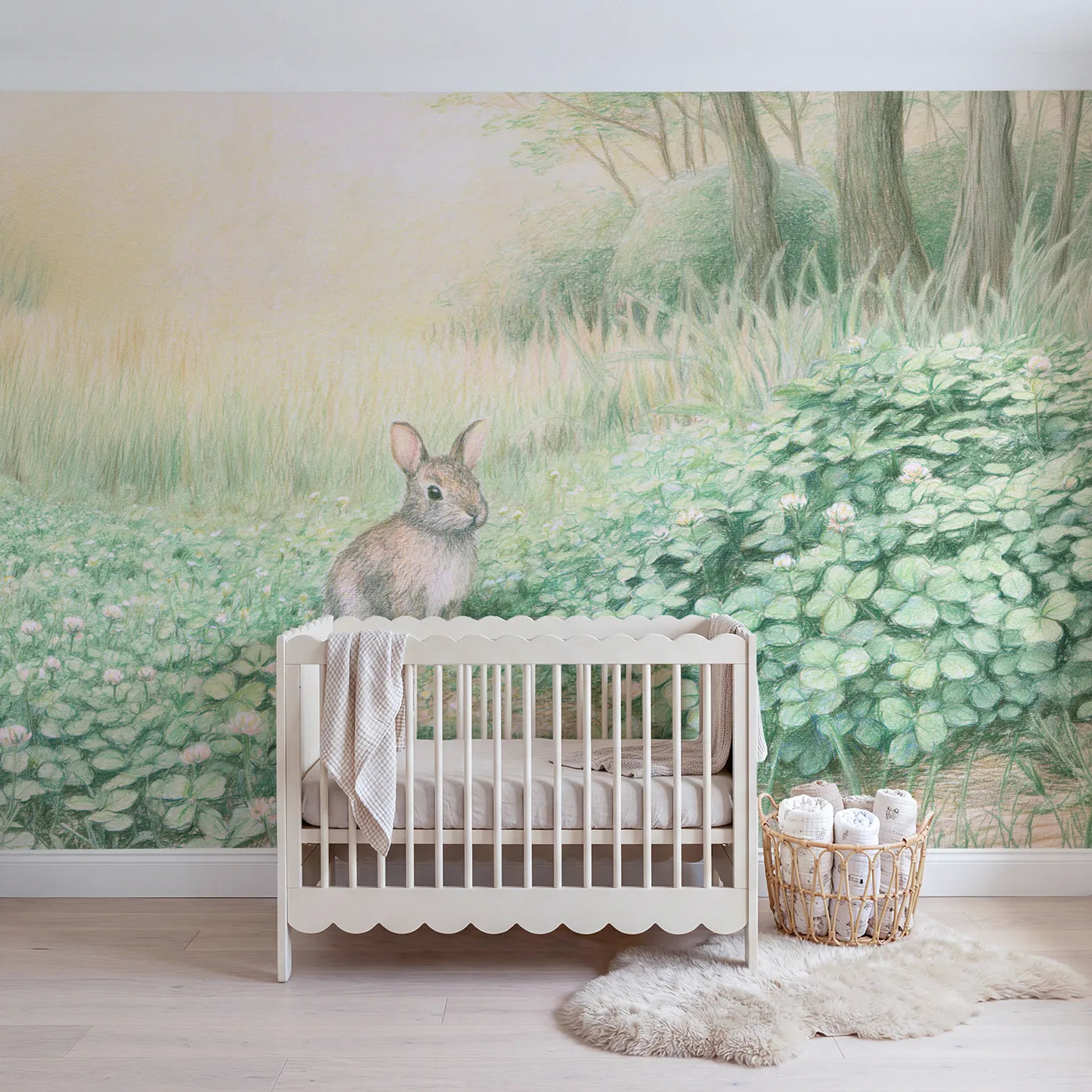 Colored-pencil wall mural of a bunny in a clover meadow by Whimsy Tots