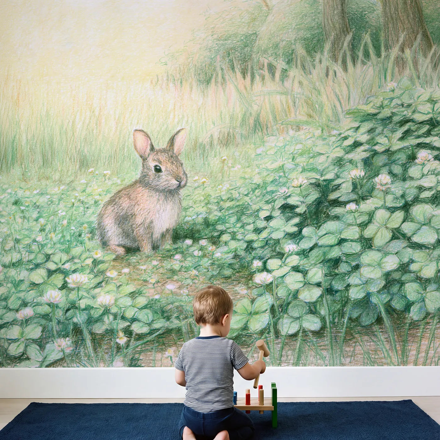 Child in nursery with Clover Meadow Bunny Wallpaper Mural by Whimsy Tots