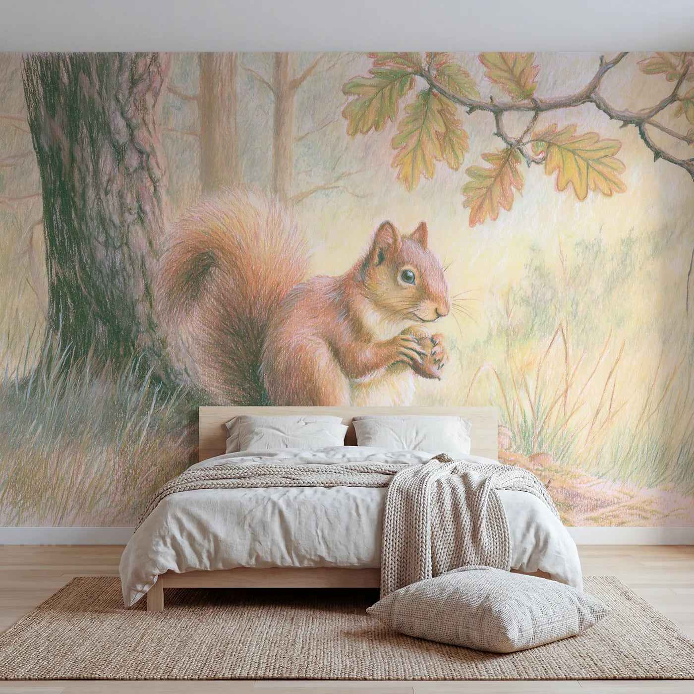 Colored-pencil wall mural of a squirrel holding an acorn by Whimsy Tots