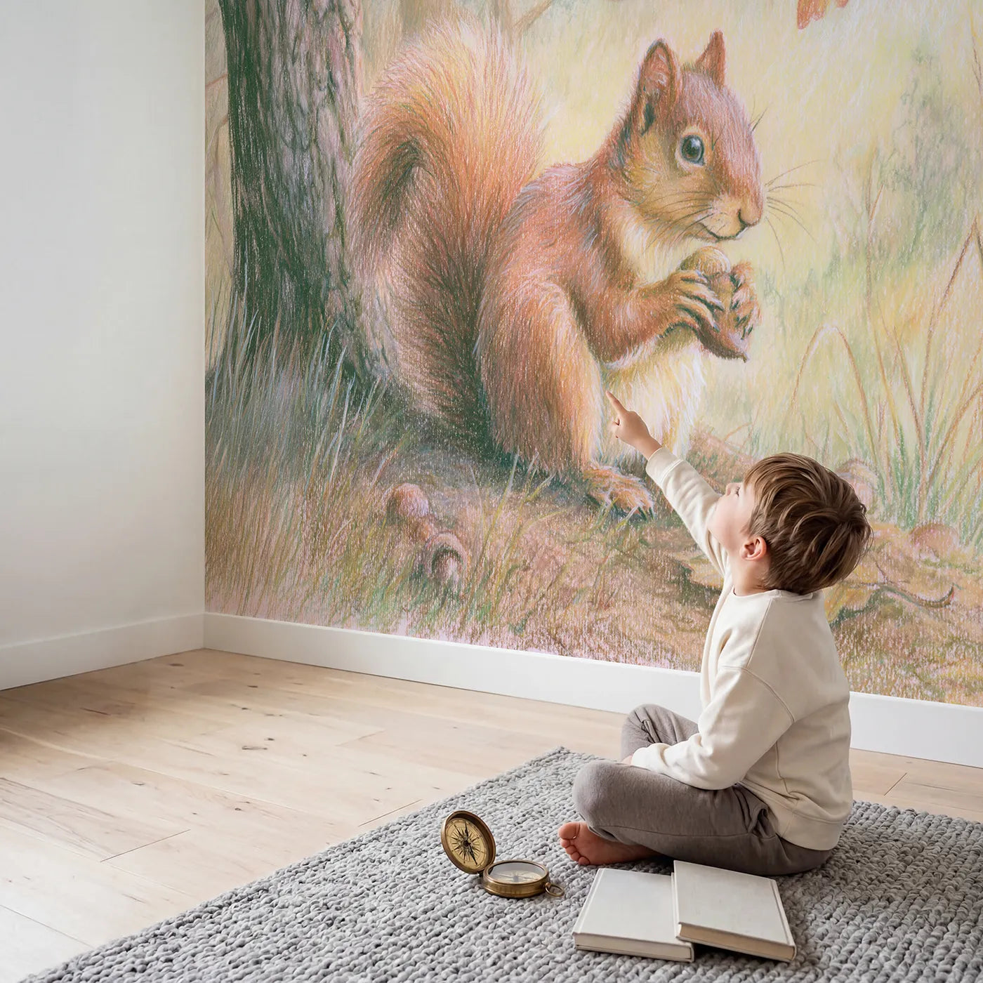 Child in nursery with Acorn Squirrel Wallpaper Mural by Whimsy Tots