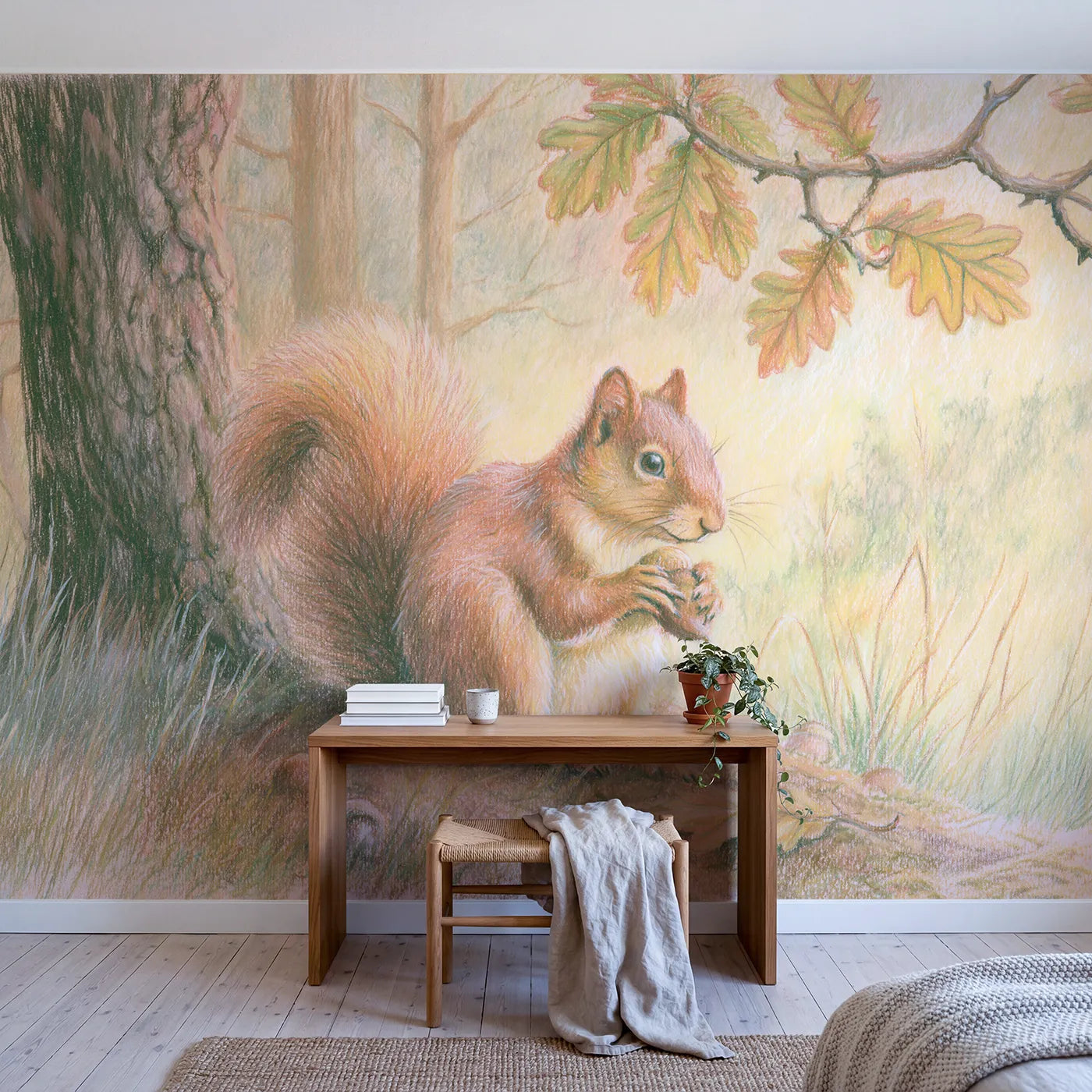 Acorn Squirrel Wallpaper Mural in playroom setting by Whimsy Tots